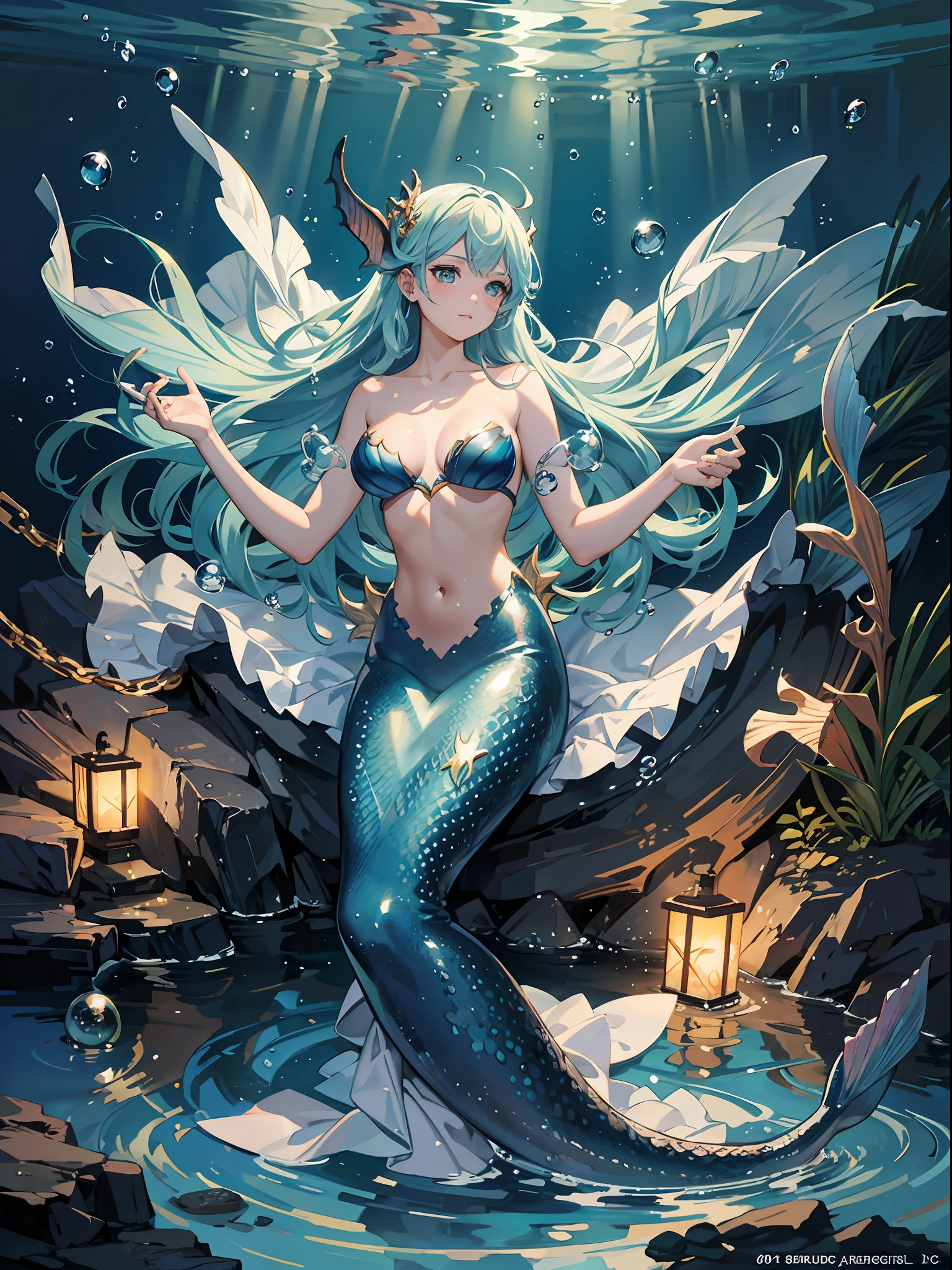 Mermaid, underwater, bubbles, (illustration: 1.0), epic composition, natural lighting, HD details, masterpiece, best quality, (very detailed CG unified 8k wallpaper)