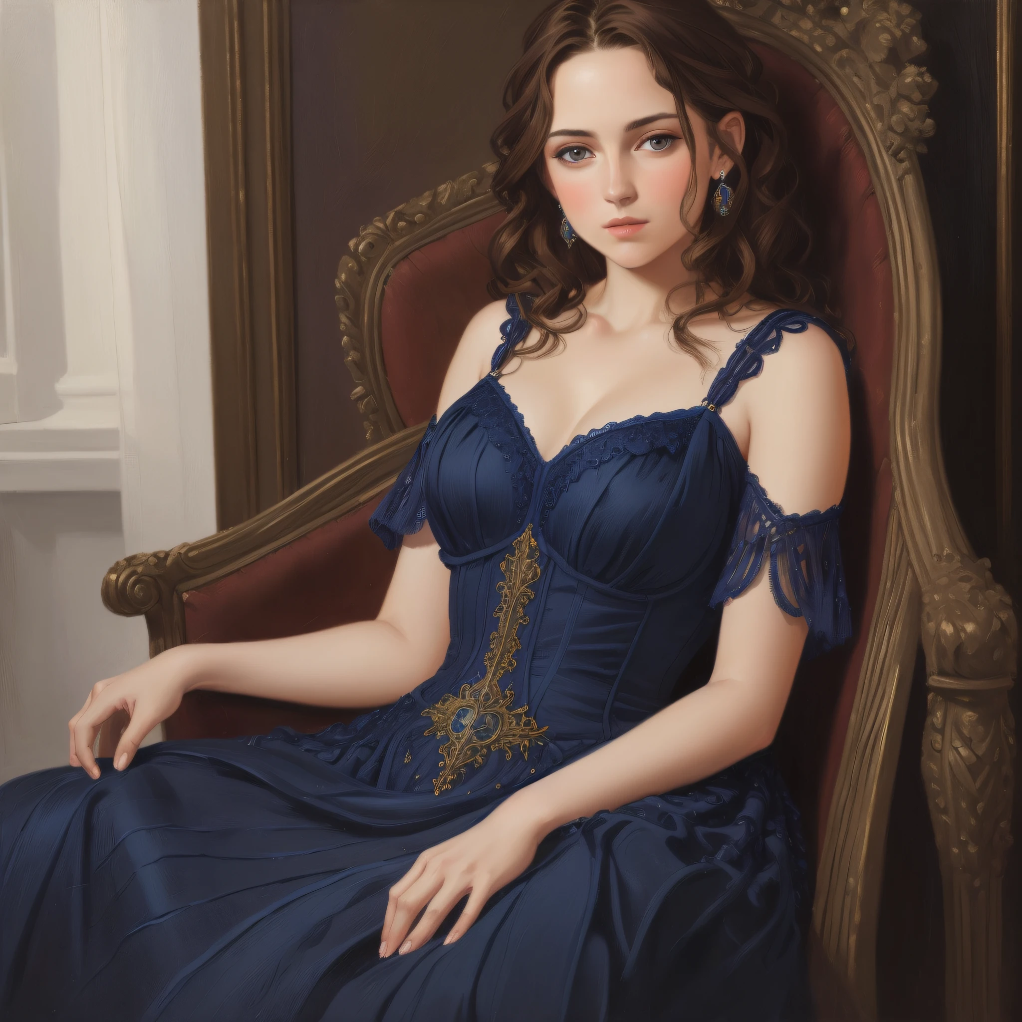 1girl, beautiful teenage girl, small breasts, revealing ornate navy blue dress, short wavy brown hair, portrait, oil painting, modern, realistic proportions, intricate, intricate details, sharp focus