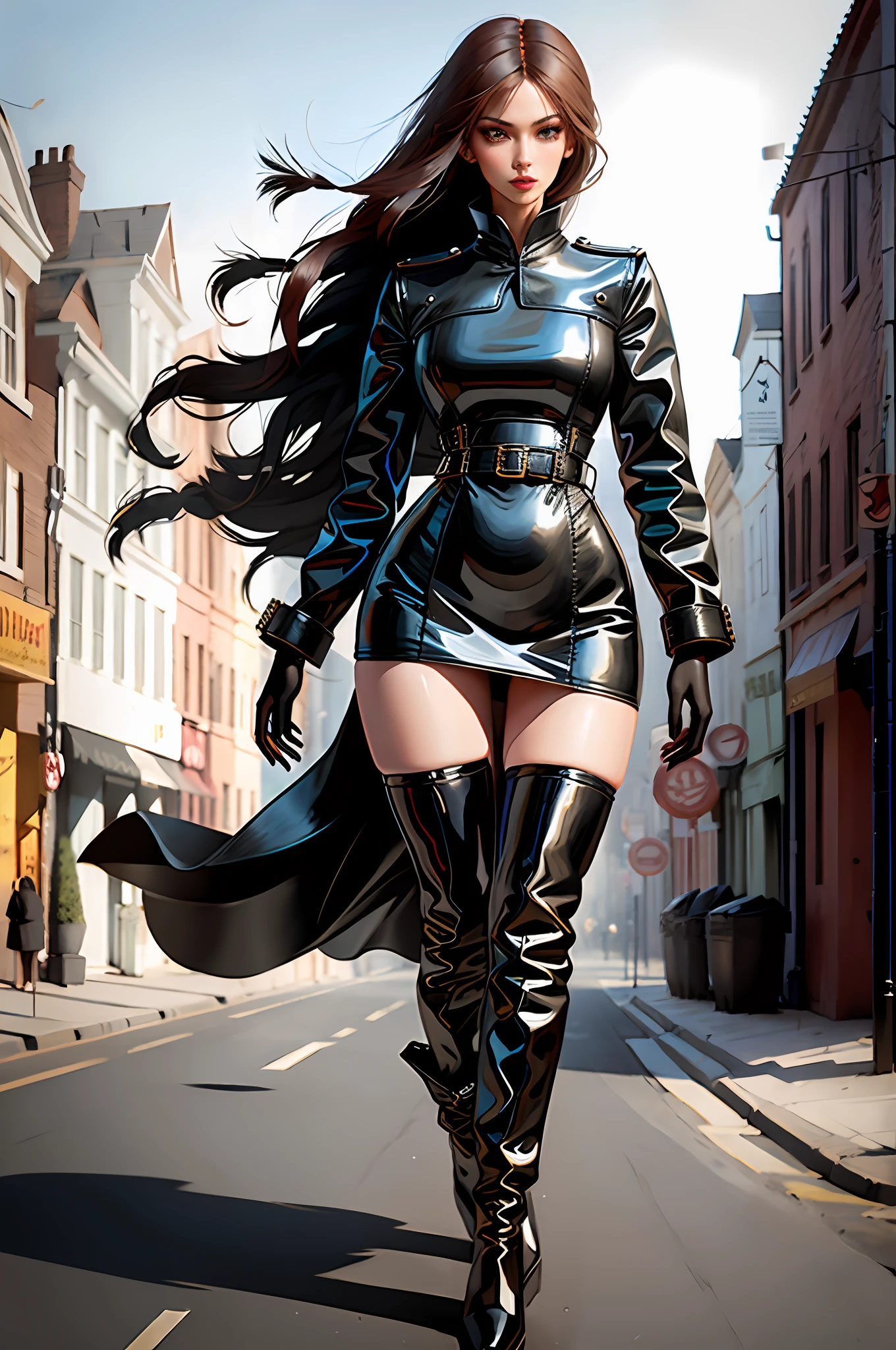 Beautiful woman walking in the wind, black glove boots, tall, long legs, perfect body proportions, thin waist, black suspender stockings, tight leather dress, tall, slender figure