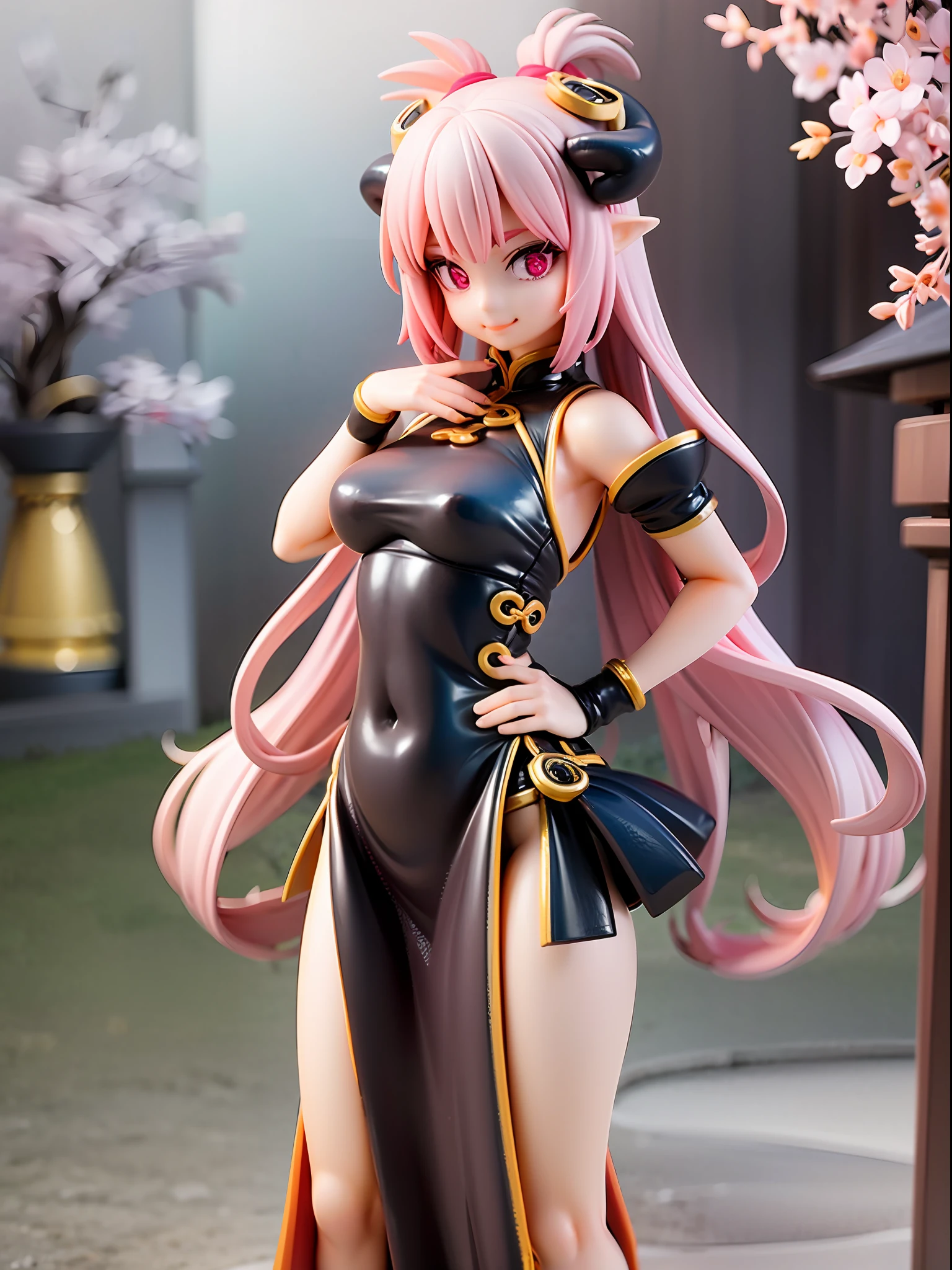 teenager, standing pose, dragon tail, dragon scale on hands and feet, dragon horns, black Chinese dress, Chinese dress modified to reveal belly button, white color scheme, pink highlights, long hair, pink hair, wide eyes, pink eyes, closed mouth, smile, imperial palace, towering pagodas, cherry blossom trees, red lanterns, stone dragon statues, golden accents, misty mountain backdrop, serene pond, jade green foliage,