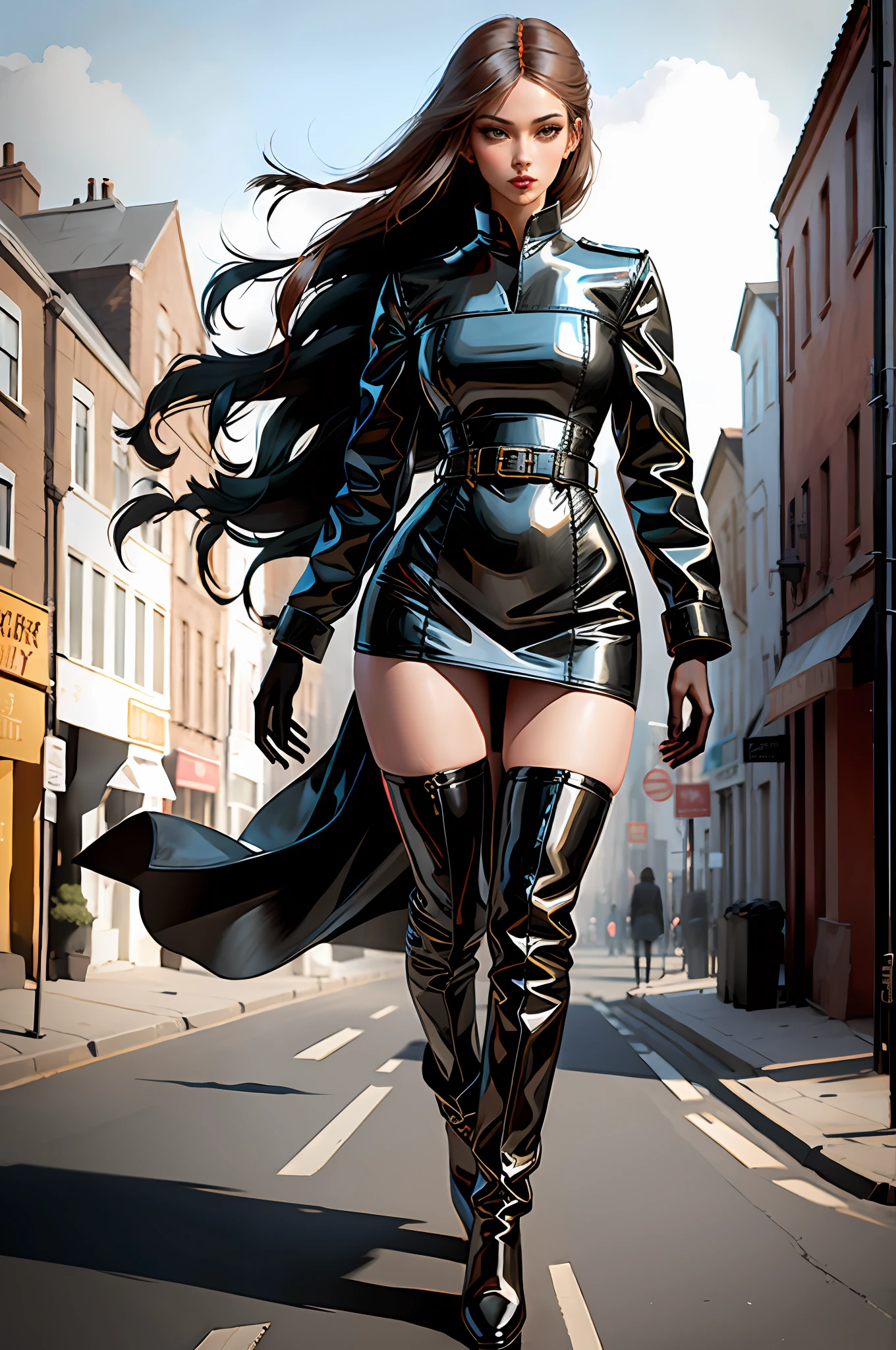 Beautiful woman walking in the wind, black glove boots, tall, long legs, perfect body proportions, thin waist, black suspender stockings, tight leather dress, tall, slender figure