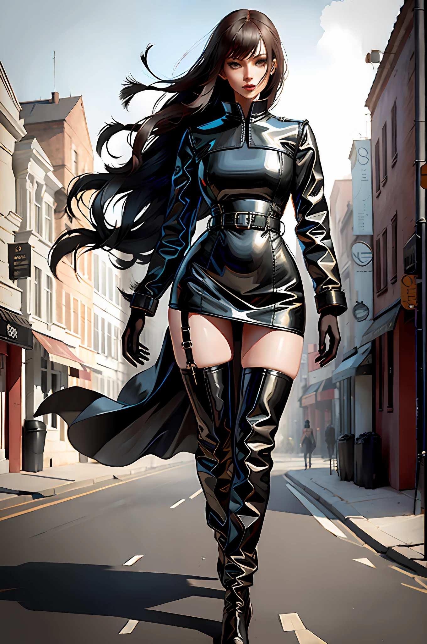 Beautiful woman walking in the wind, black glove boots, tall, long legs, perfect body proportions, thin waist, black suspender stockings, tight leather dress, tall, slender figure