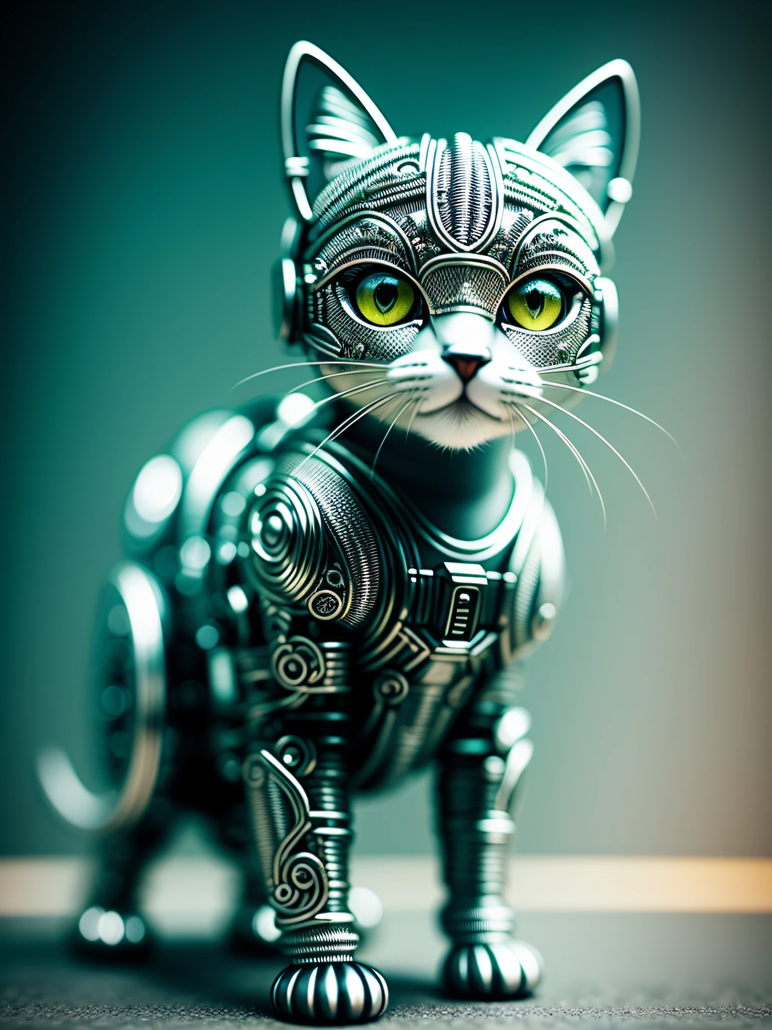 a cute kitten made out of metal, (cyborg:1.1), ([tail | detailed wire]:1.3), (intricate details), hdr, (intricate details, hyperdetailed:1.2), cinematic shot, vignette, centered