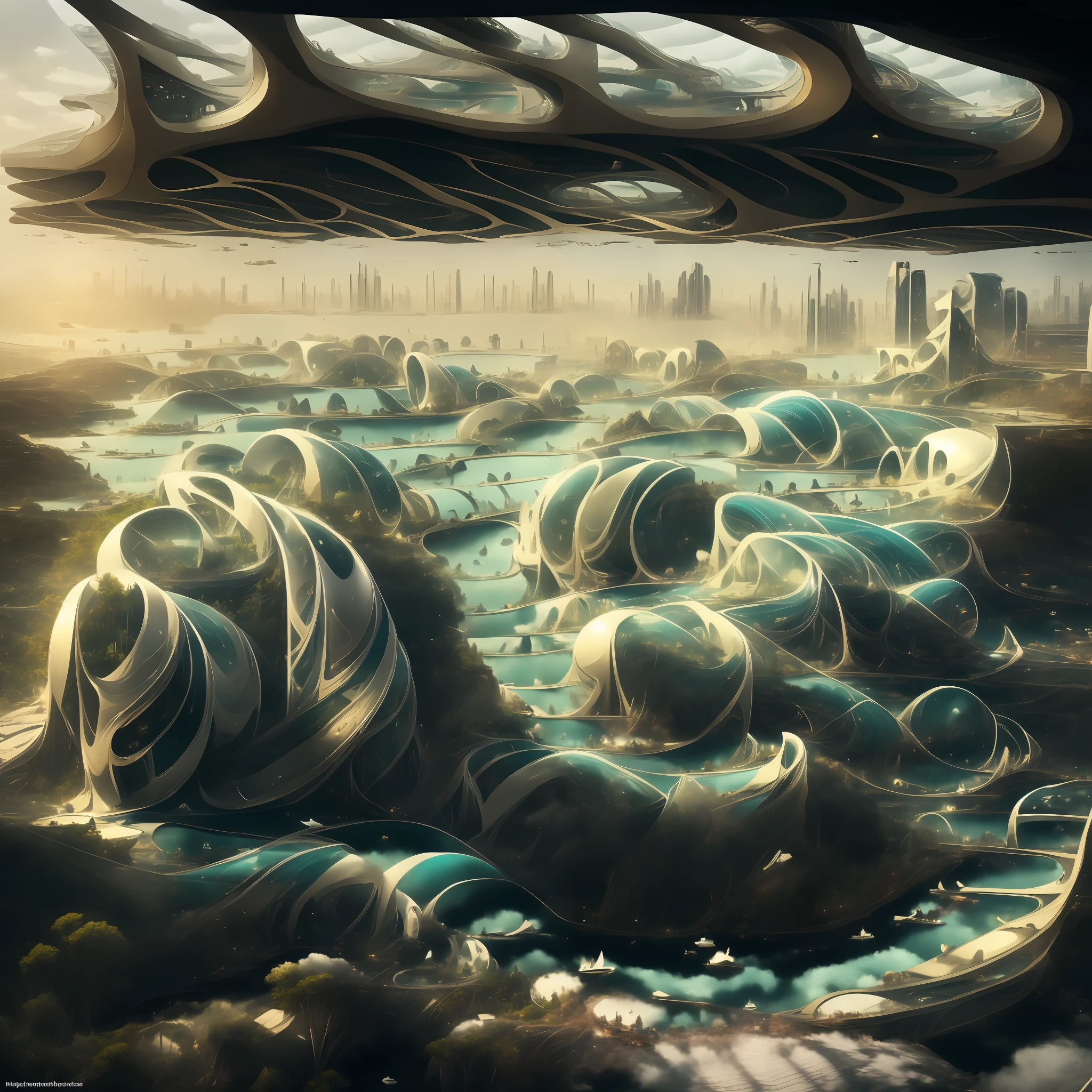 Airbrush drawing --v 5.1 style Futuristic design of an awesome sunny day environment concept art on a futuristic forest terrain with huge waterfalls,streams,sacred grooves, nature architecture, proportional,detailed, blueprint,bright clouds, nature meets futuristic architecture by Santiago Calatrava and Vincent Callebaut with Wes Anderson village,residential area, futuristic development, high rise made up staircases, balconies, full of composite glass facades, residential spaces carved from cliff side ,trending on artstation, beautiful lighting,In the style of Andreas Achenbach and Norman Ackroyd masterpiece, fantasy, intricate, award winning, 4k, highest quality