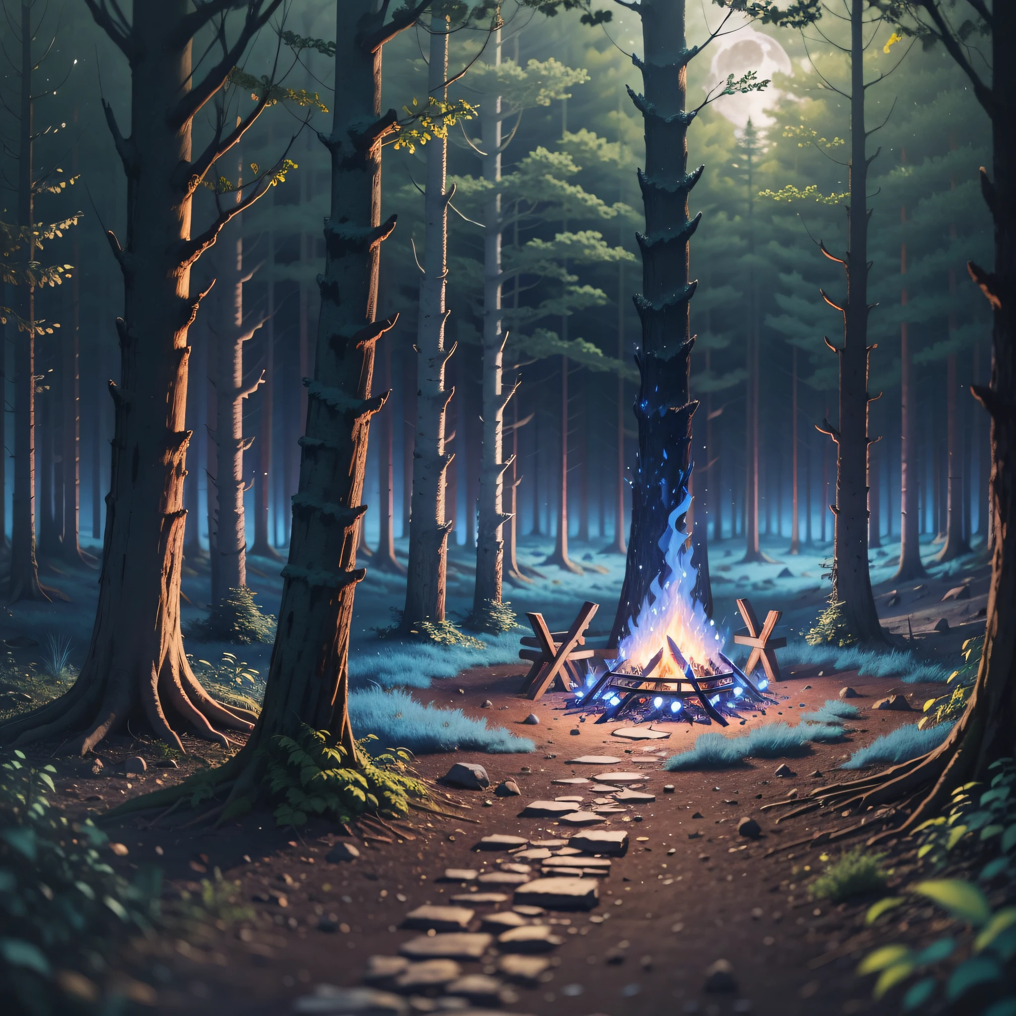 A blue bonfire in the forest on a full moon night --auto --s2