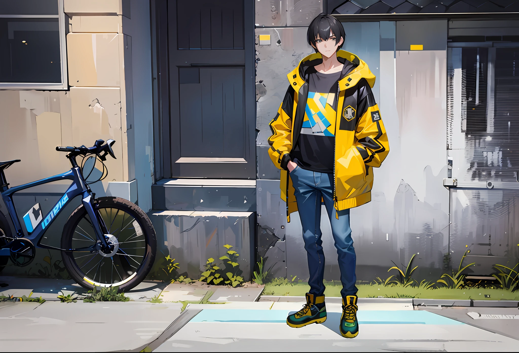 there is a man standing on a skateboard in front of a building, realistic anime 3 d style, modern anime style, wearing cyberpunk streetwear, style anime, cyberpunk streetwear, japanese streetwear, wearing japanese techwear, anime style. 8k, young anime man, anime styled 3d, anime style mixed with fujifilm, anime style 4 k, high quality anime artstyle