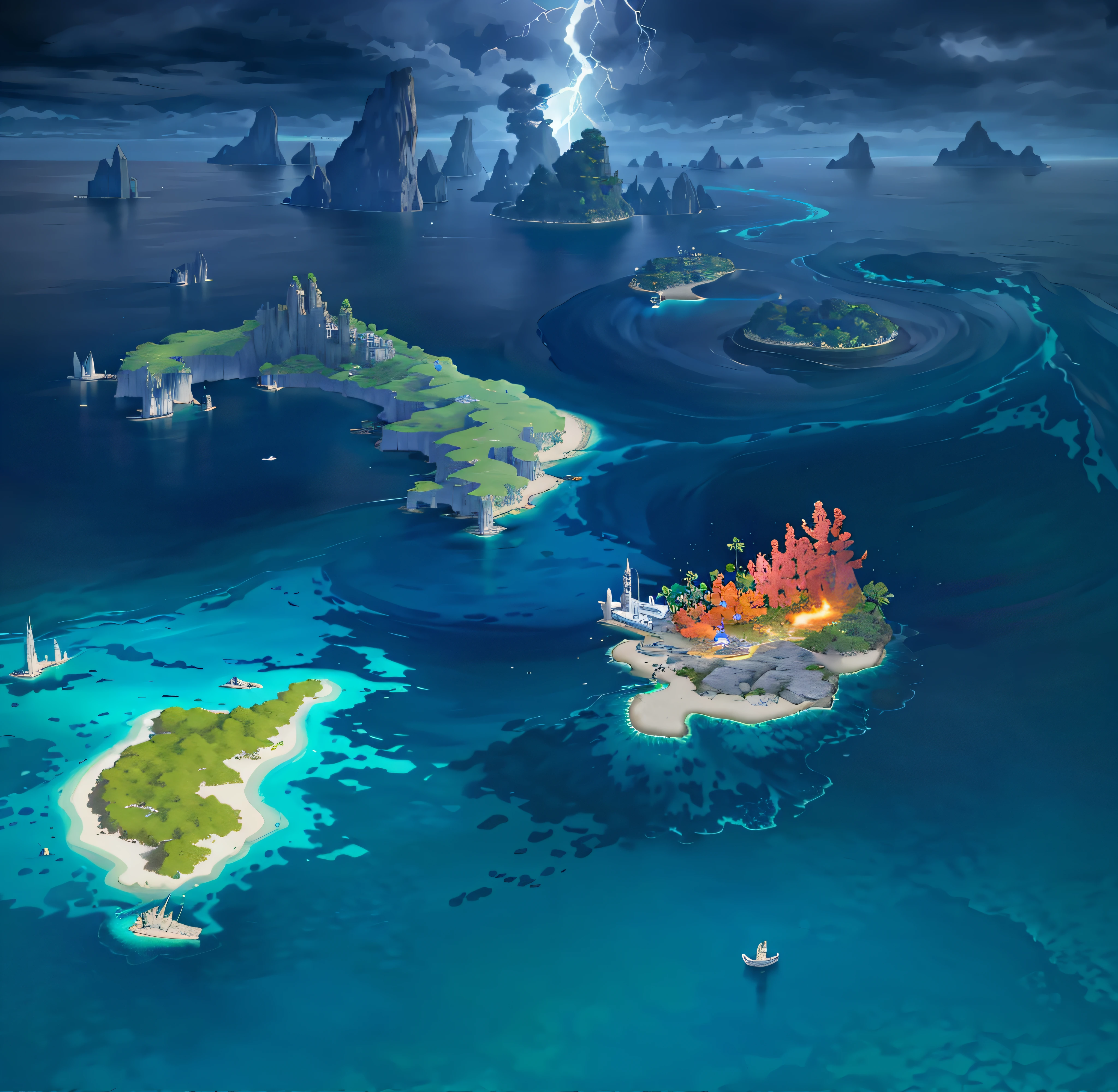 uninhabited island, cloudy, fantasy, magical plant growth, coral island, vista with an ancient sword, vista lightning, demon land, vortex, isometric distance, extreme detail, realistic light, epic composition, (intricate detail), (complex design, ultra detail: 1.2), art station, (masterpiece, best quality), ultra hd, 32k image of a group of islands in the ocean, island background --v 6