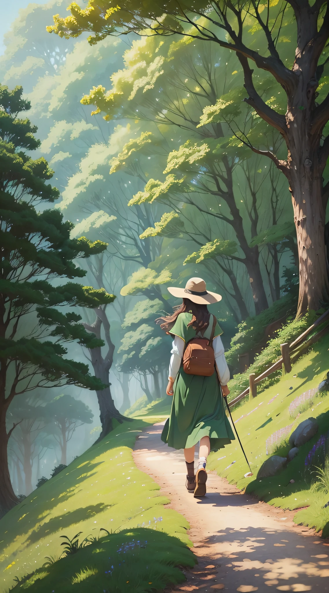 a girl walking in forest ghibli studio style, fantasy, Ghibli-like colours, masterpiece, super detail, high quality