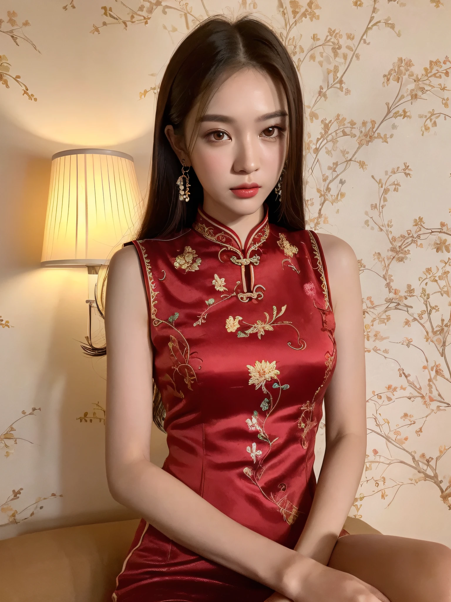 ((Night view, realistic light, best quality, 8k, masterpiece: 1.3)), 1girl, beautiful woman with slender figure, brown hair, wearing red cheongsam, embroidered phoenix pattern, sleeveless, sexy, split end, long legs, sitting, white wall covering, super detailed face, detailed eyes, double eyelids
