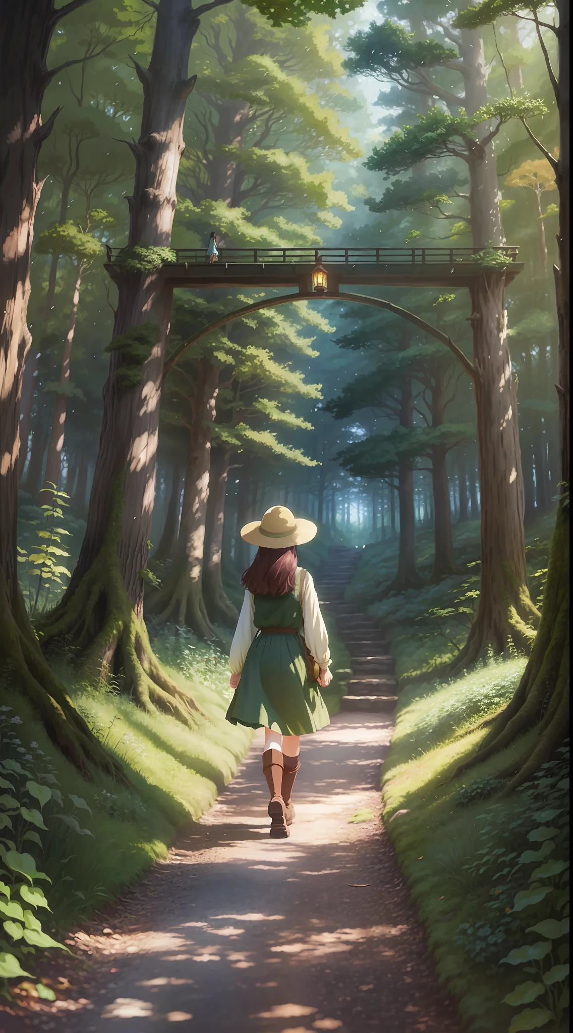 a girl walking in forest ghibli studio style, fantasy, Ghibli-like colours, masterpiece, super detail, high quality