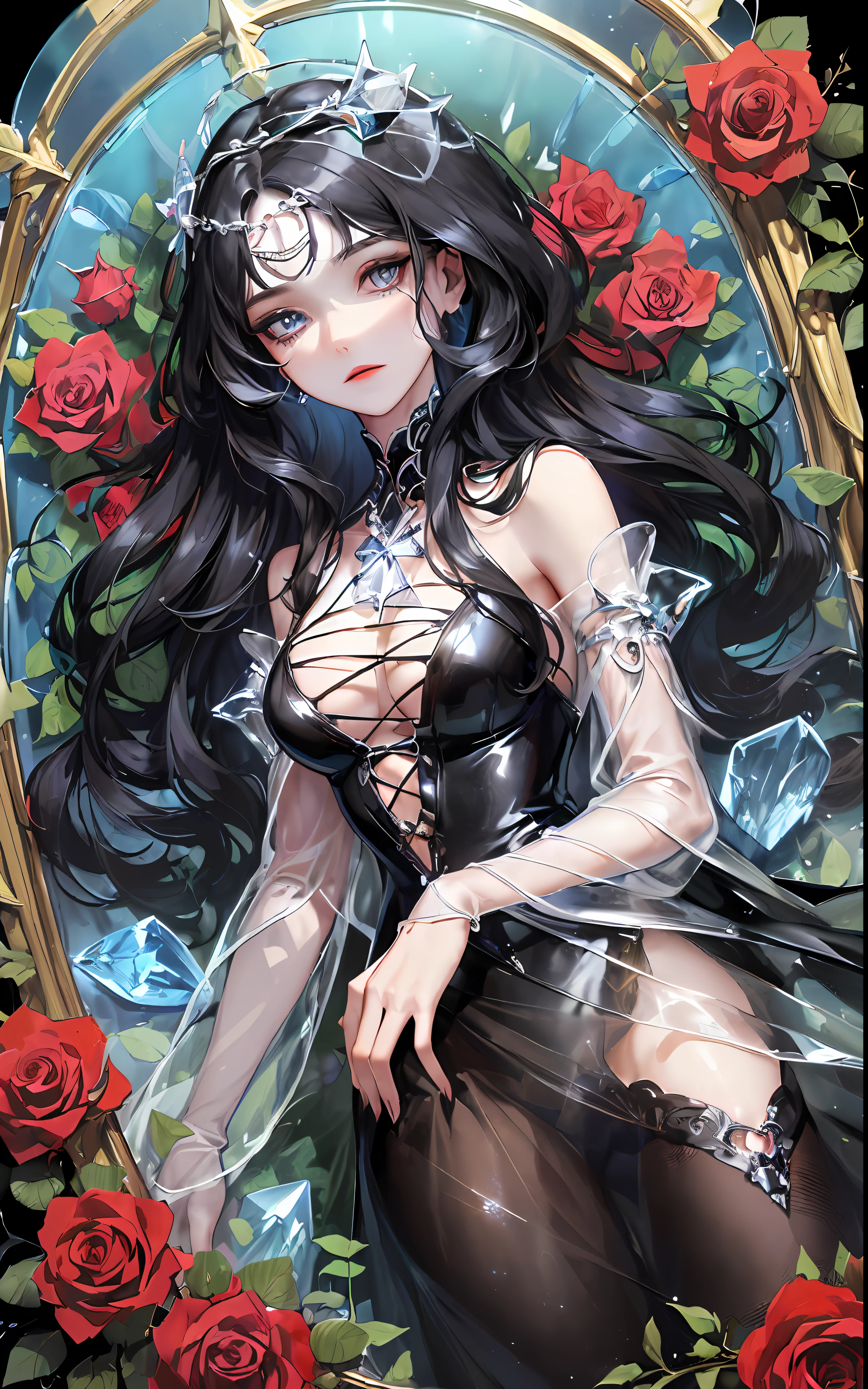 (((transparent coffin for corpse with closed lid))) , (long coffin crystal box), girl locked in the coffin, seabed in the background, ((crystal)), gold cross, golden details, roses inside the coffin, rose thorns, ocean in the background, moonlight, coffin submerged in the sea, closed coffin with glass walls, closed lid, (((sarcophagus))), 1girl, adult woman, black hair, long hair, blue eyes, black victorian dress, wintwe clothes, modest dress, closed dress, flowing elegant dress, inside a coffin made of glass, full body inside coffin, perfect detailed eyes, perfect detailed face, detailed eyes, perfect eyes, ((((masterpiece)))), (((glass lid)))