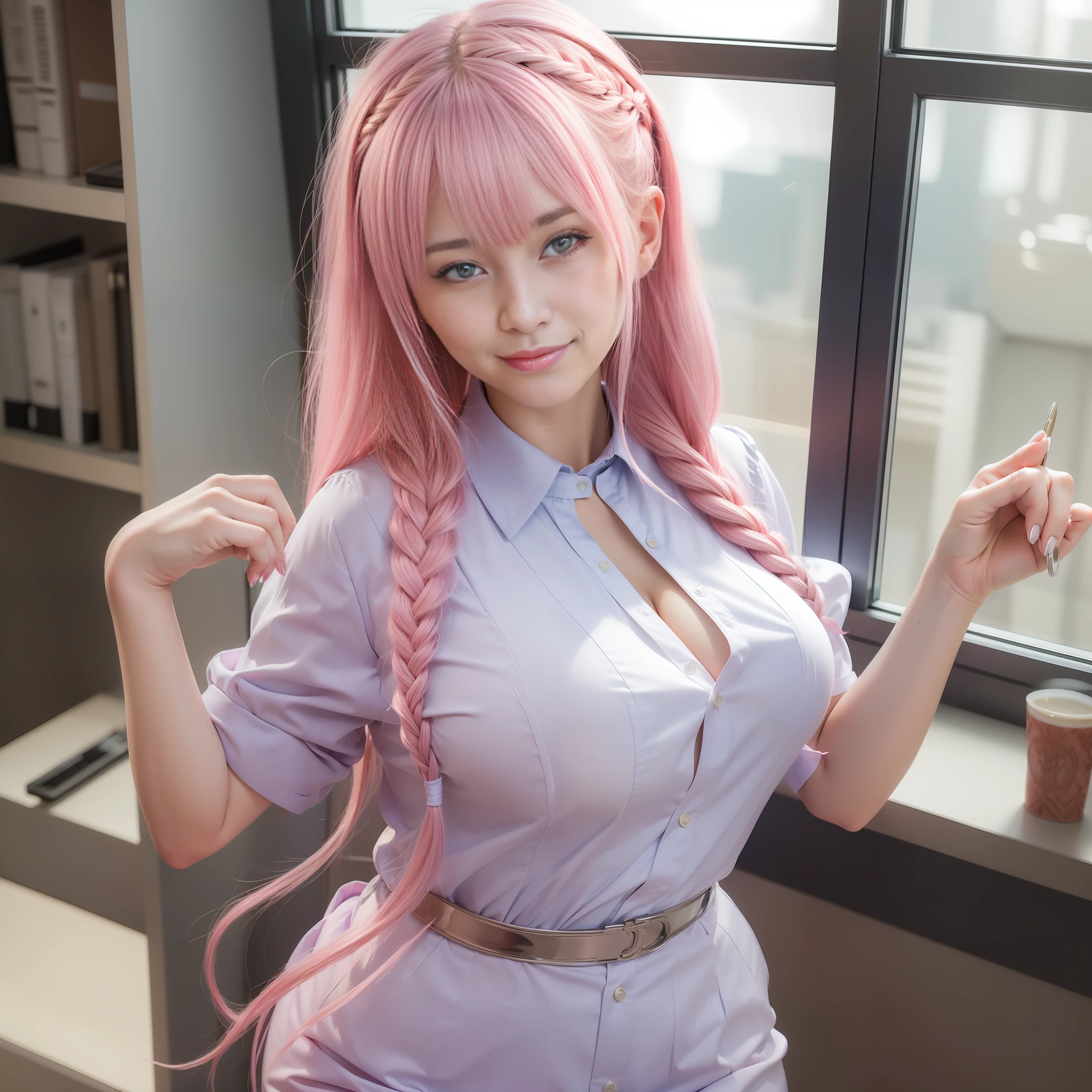((masterpiece, best quality)), (1girl),((mature female)), lightpink hair, halo, braided hair, ((office lady )),bangs,medium breast,slim,smile, [wide hips],office,standing, aru \(blue archive\),