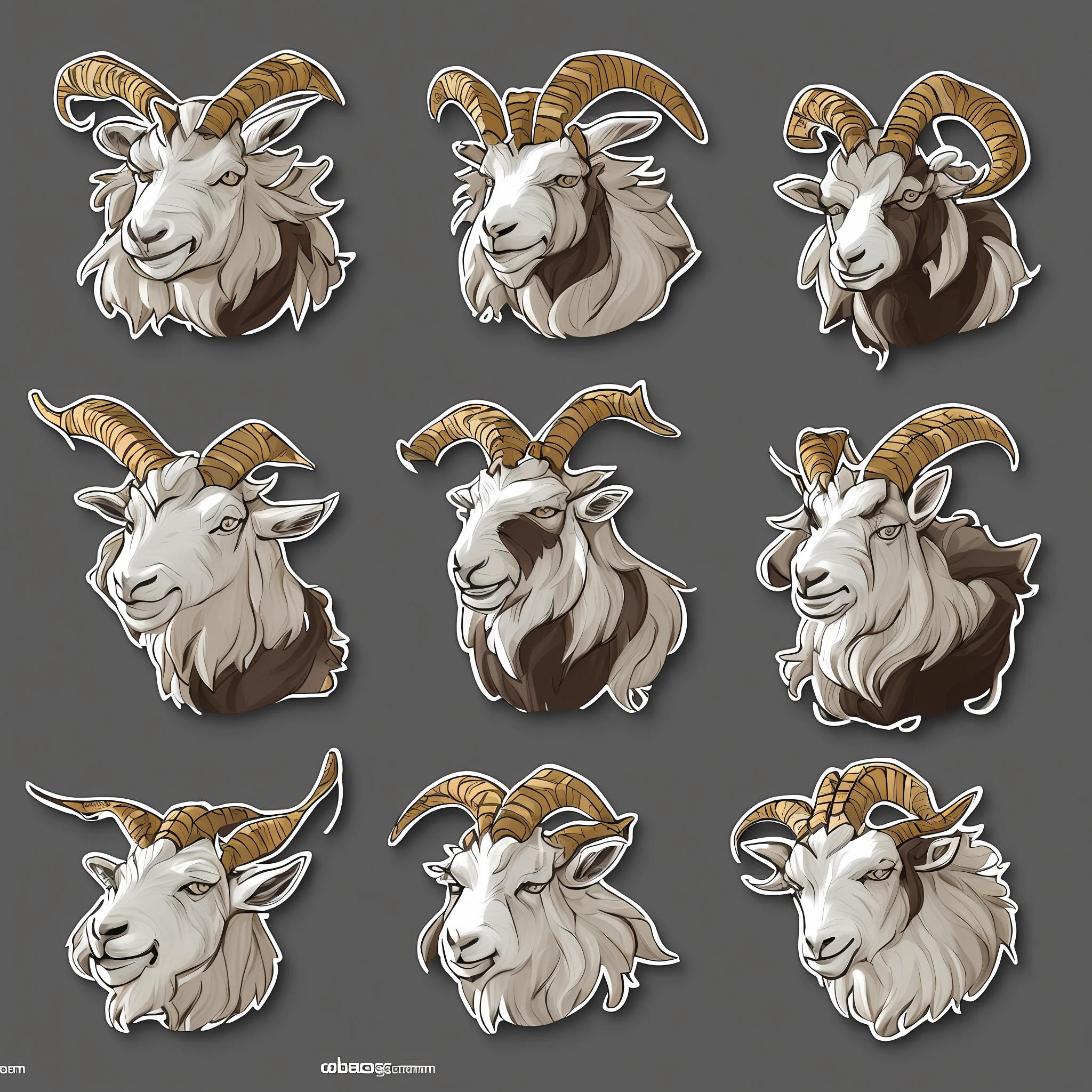 goat character closeup with different facial expressions, goat, game character design, psd sprite sheet, game concept art sprite sheet, cute detailed digital art, isometric game assets, game assets, set of high quality hd sprites, 2d game assets, high quality character design, robot goat, Cartoon concept art Simple design 24 types of stickers