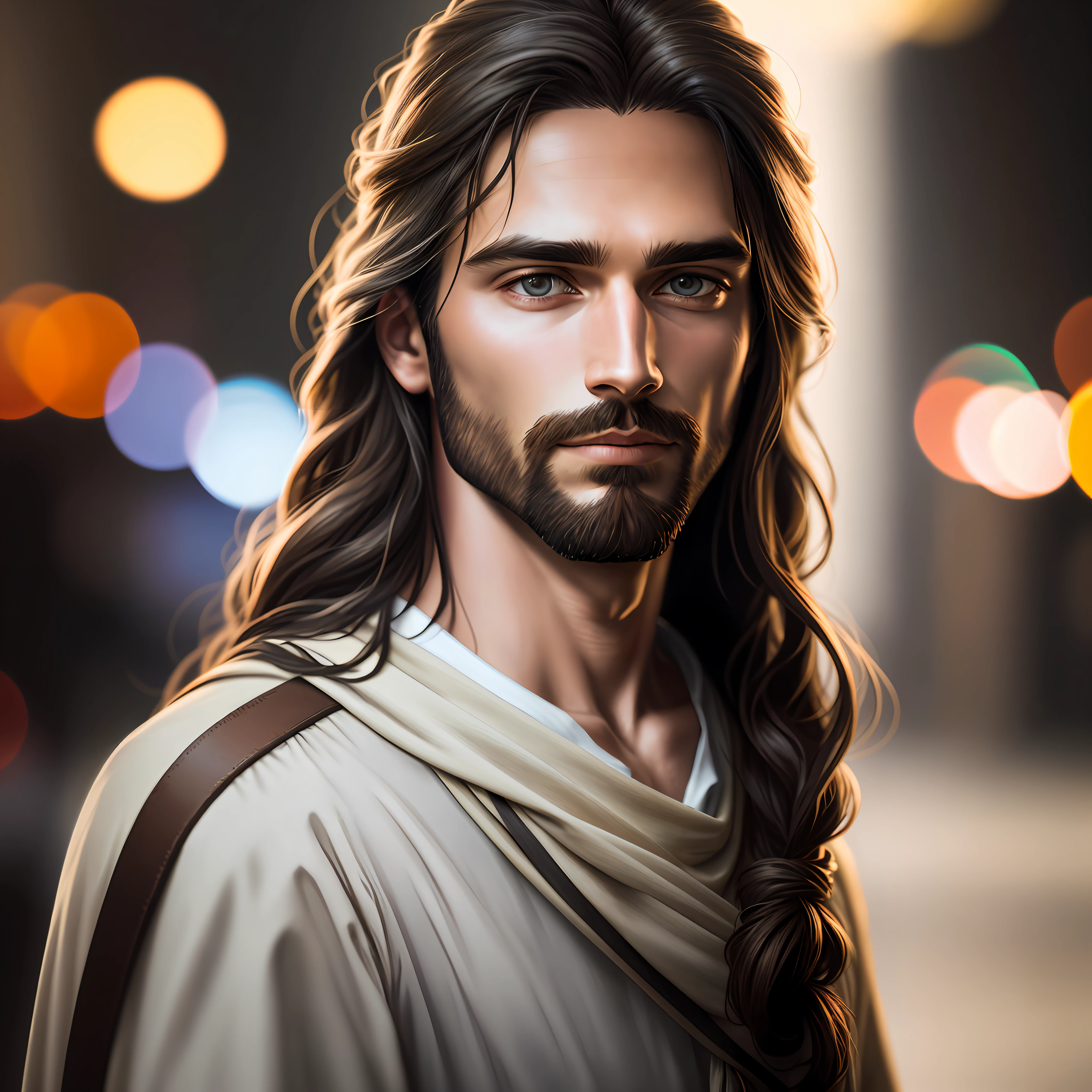 portrait of modern day Jesus, cinematic lighting, depth of field, bokeh, realism, photorealistic, hyperrealism, professional photography, uhd, dslr, hdr