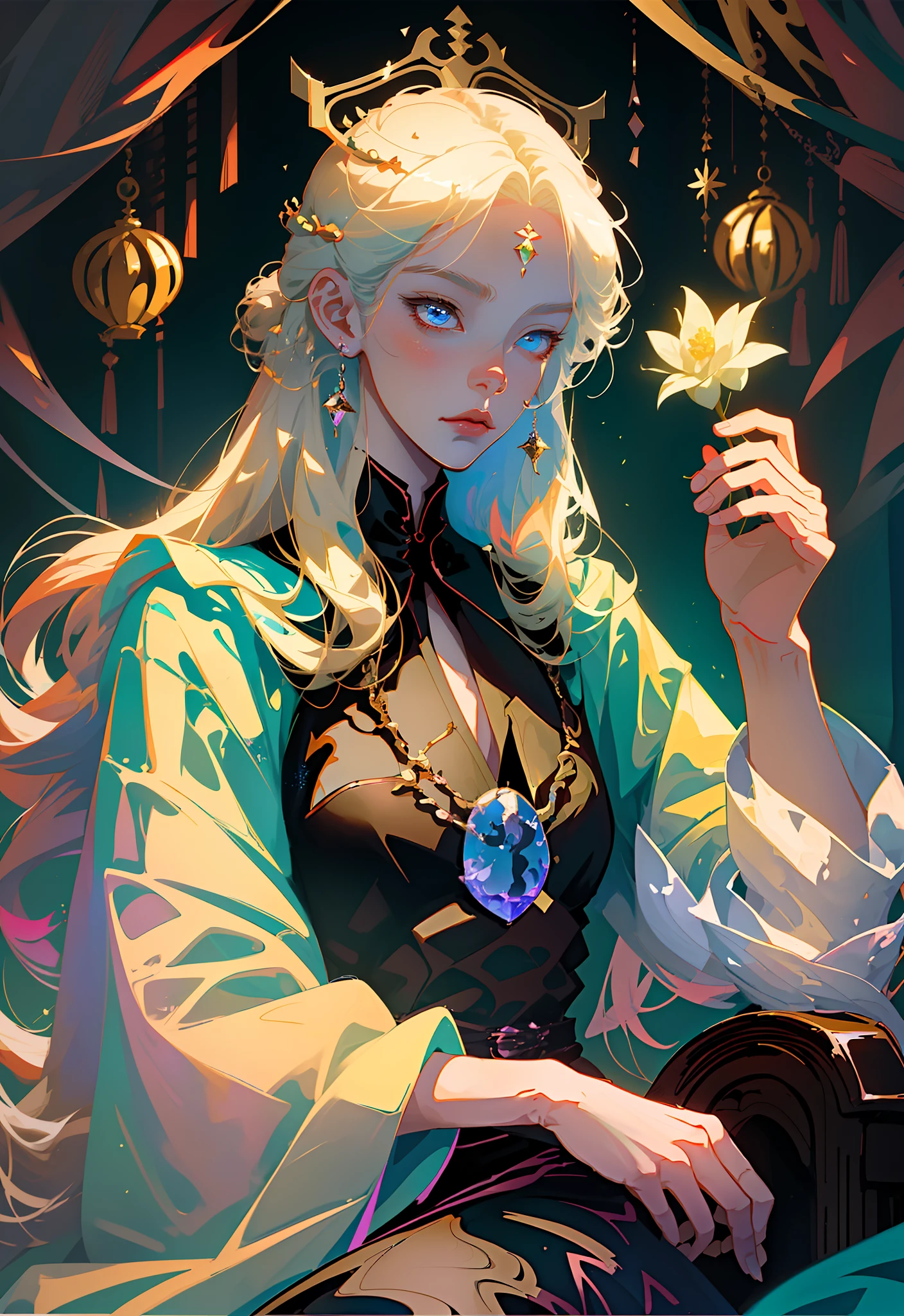 anime character sitting in a chair with a candle and a flower, beautiful androgynous prince, portrait of magical blond prince, delicate androgynous prince, coronation of the flower prince, artwork in the style of guweiz, guweiz on pixiv artstation, handsome guy in demon slayer art, guweiz masterpiece