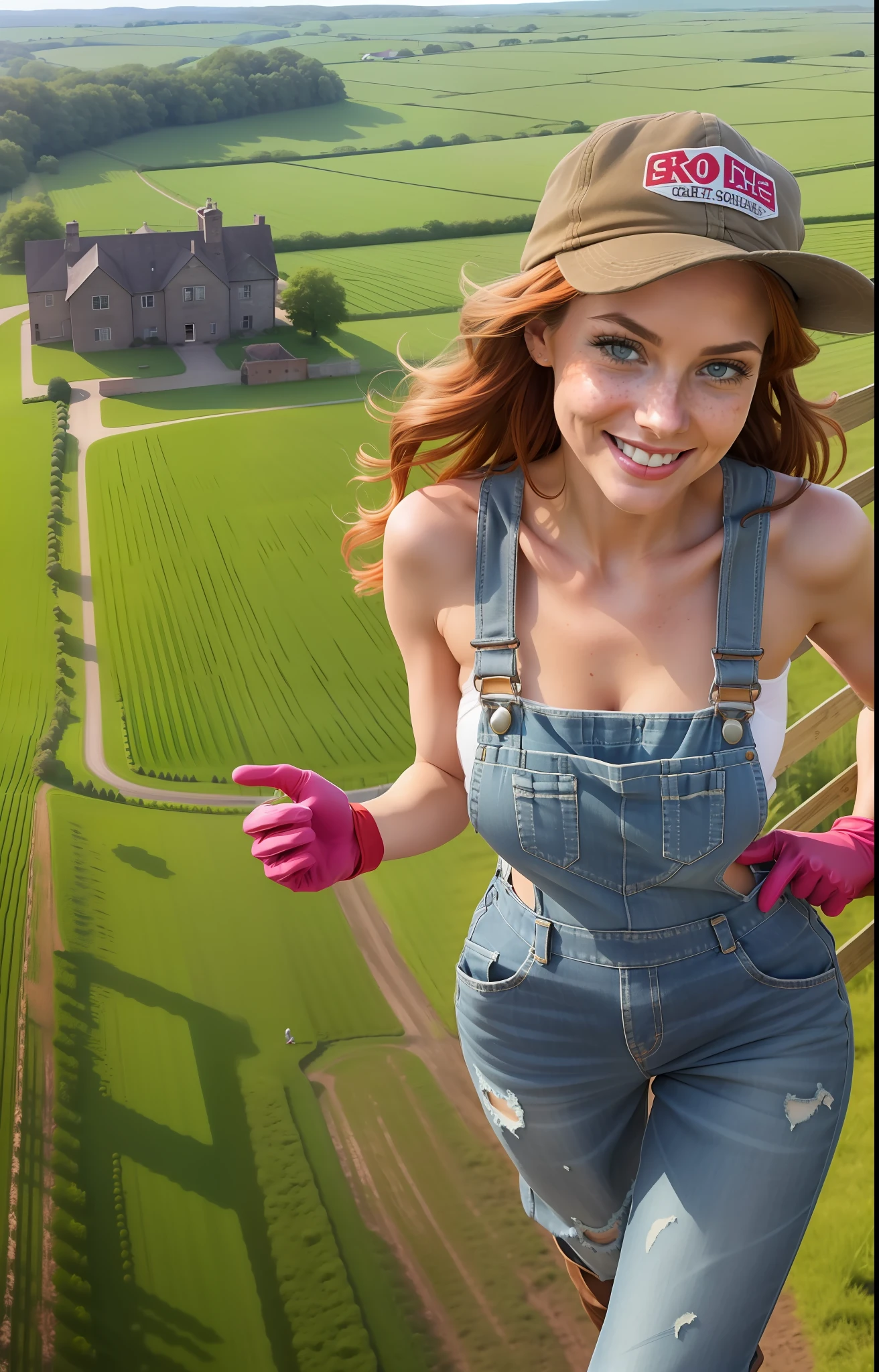 Texas woman (America), 30 years (years), perfect face, thin, smiling, eyes tight, closed, realistic, beautiful, in gray detailed overalls, full body, view from above, looking from above, close, clean arms, light skin tanned from the sun, work gloves, cap, hair loose in the wind, red head, freckles, no bra, no bras, no t-shirt under the overalls, does not wear lingerie, large breasts, full, soft, thrown, round, jumping, dirty boots, dirty clay, walking in the green field, wooden fences, stables, hay, tractor, butterflies, bird, rabbits.