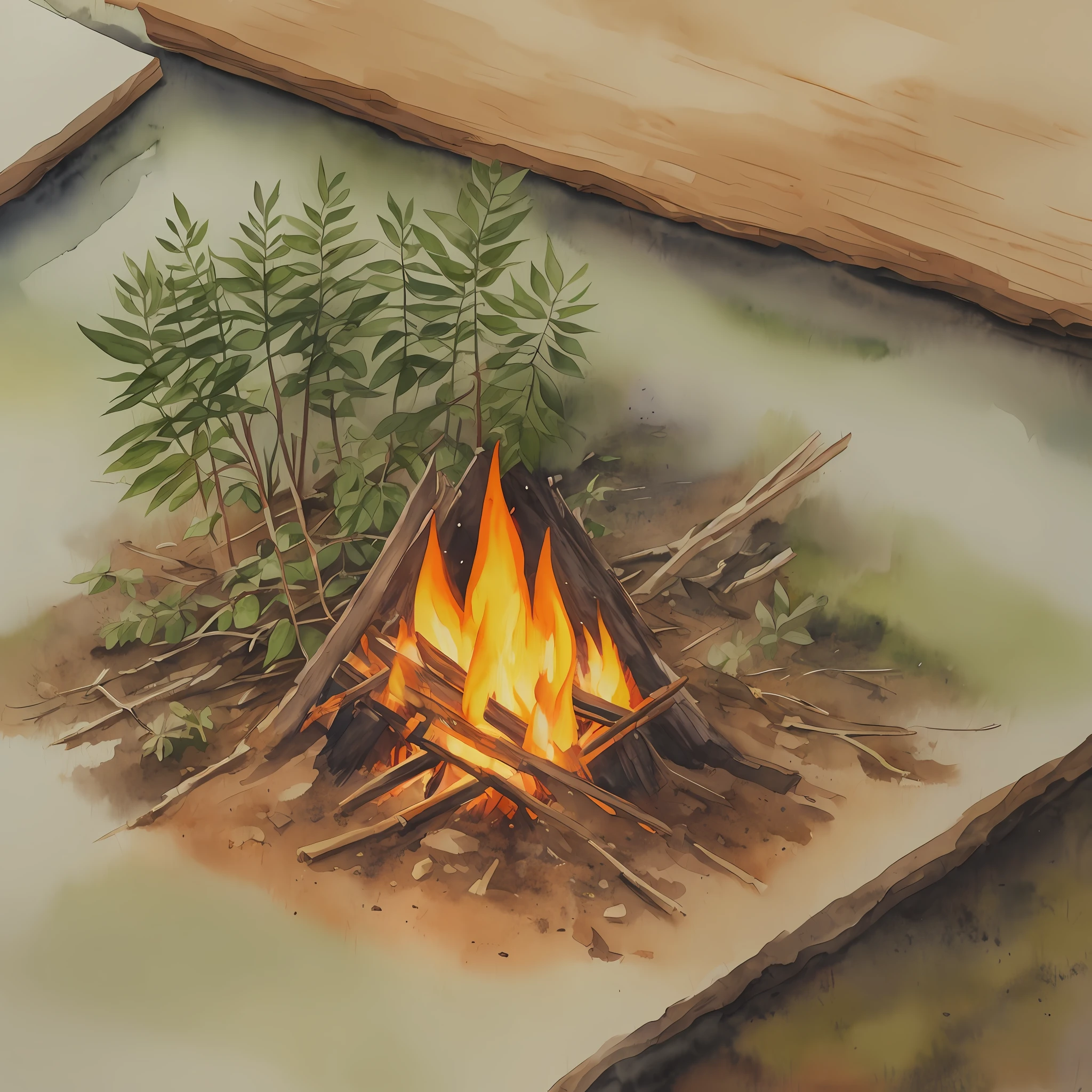 Botanical Print Watercolor Camping Bonfire --auto --s2