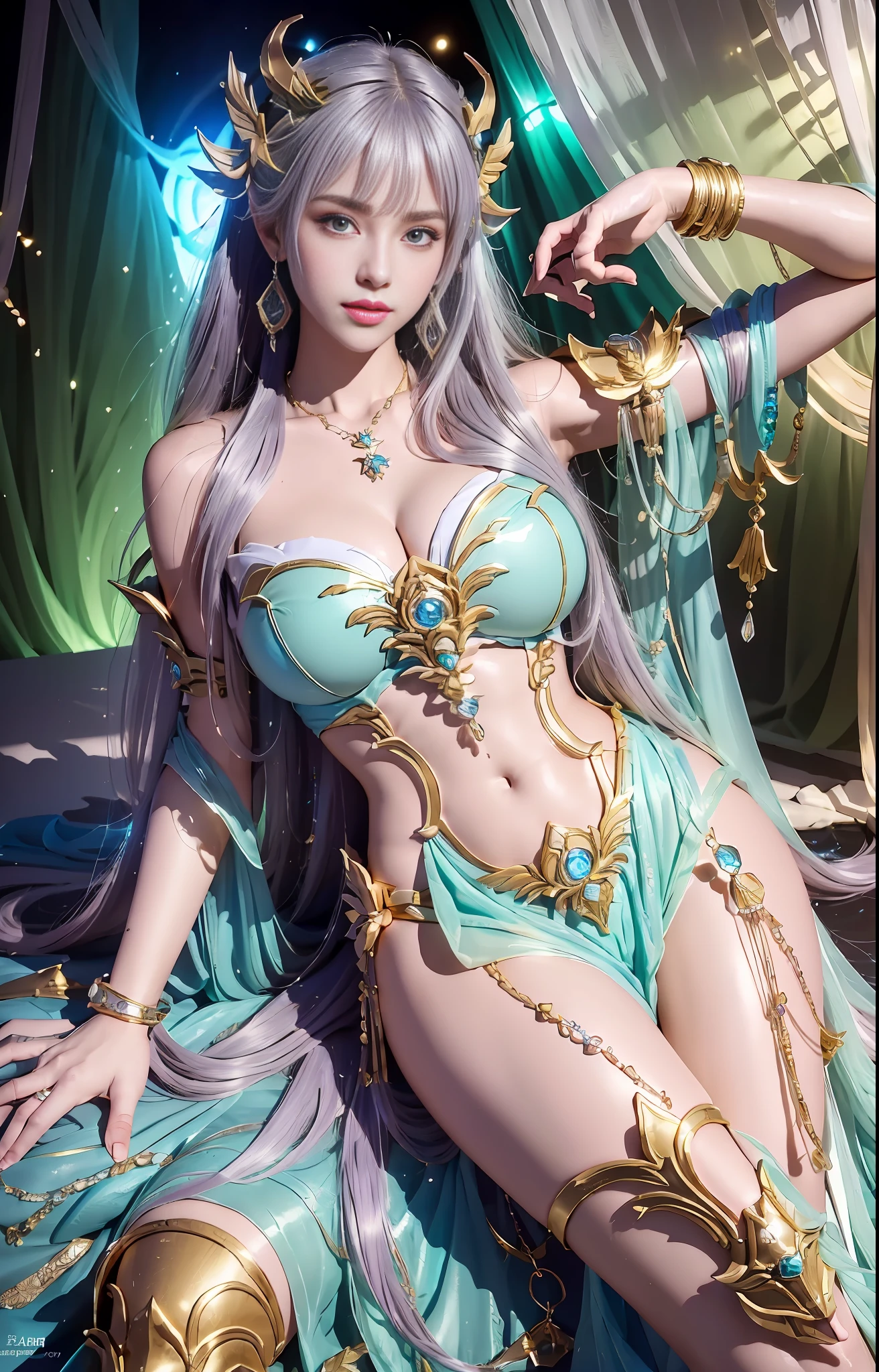 A perfectly realistic cyberpunk style Capricorn Saint Seiya, (Saint Seiya) (Gold Armor: 2), Metallic (Mecha Texture) (Gold Texture: 1.5) (Leg: 2) on stomach, leg lift, reclining (open air) (hips) Panties for the audience (off-the-shoulder) (with countless super big gems) (super large gem pendant: 2), crazy details (with water flowing through the body: 1.5) Full body, stockings, (kick: 2), aristocratic detail, full grass, full length, full frame, epic pose, (gorgeous jewelry) yellow hair (necklace earrings) pendant, (set + large gemstones), large diamonds, gold, ruby), waterfall, bath side, unrealistic engine style, detail, surreal, boca effect, shot in David LaChapelle's style, bioluminescent palette: lilac, pale pink, bright white, wide angle, ultra-fine, cinematic still life, vibrant, WLOP and Sakimichan, Artgerm style, underboob, perfect eye, highest image quality 16K, inspired by Harry Winston, shot on the Canon EOS R 6, masterpiece --s2