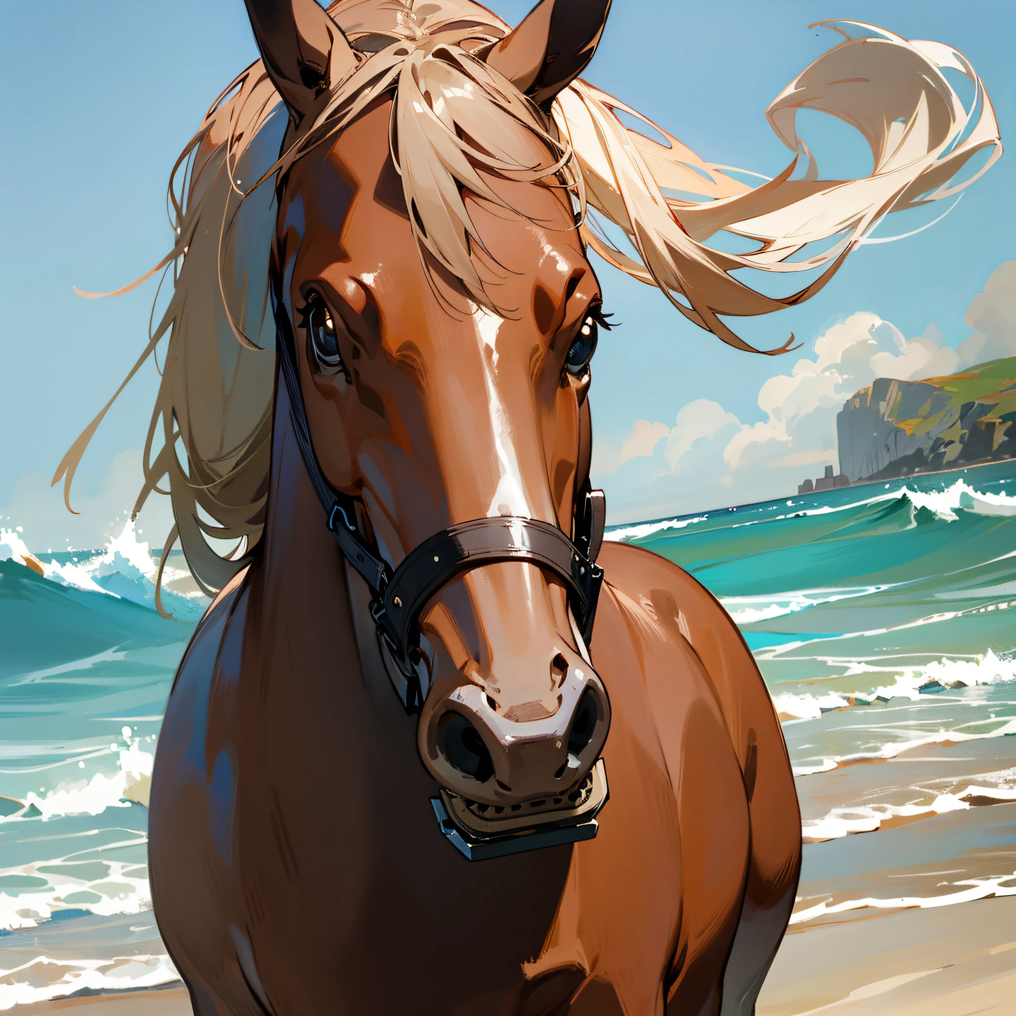 plongé camera, beautiful horse brown and white, calm, walkimg on the beach --auto --s2