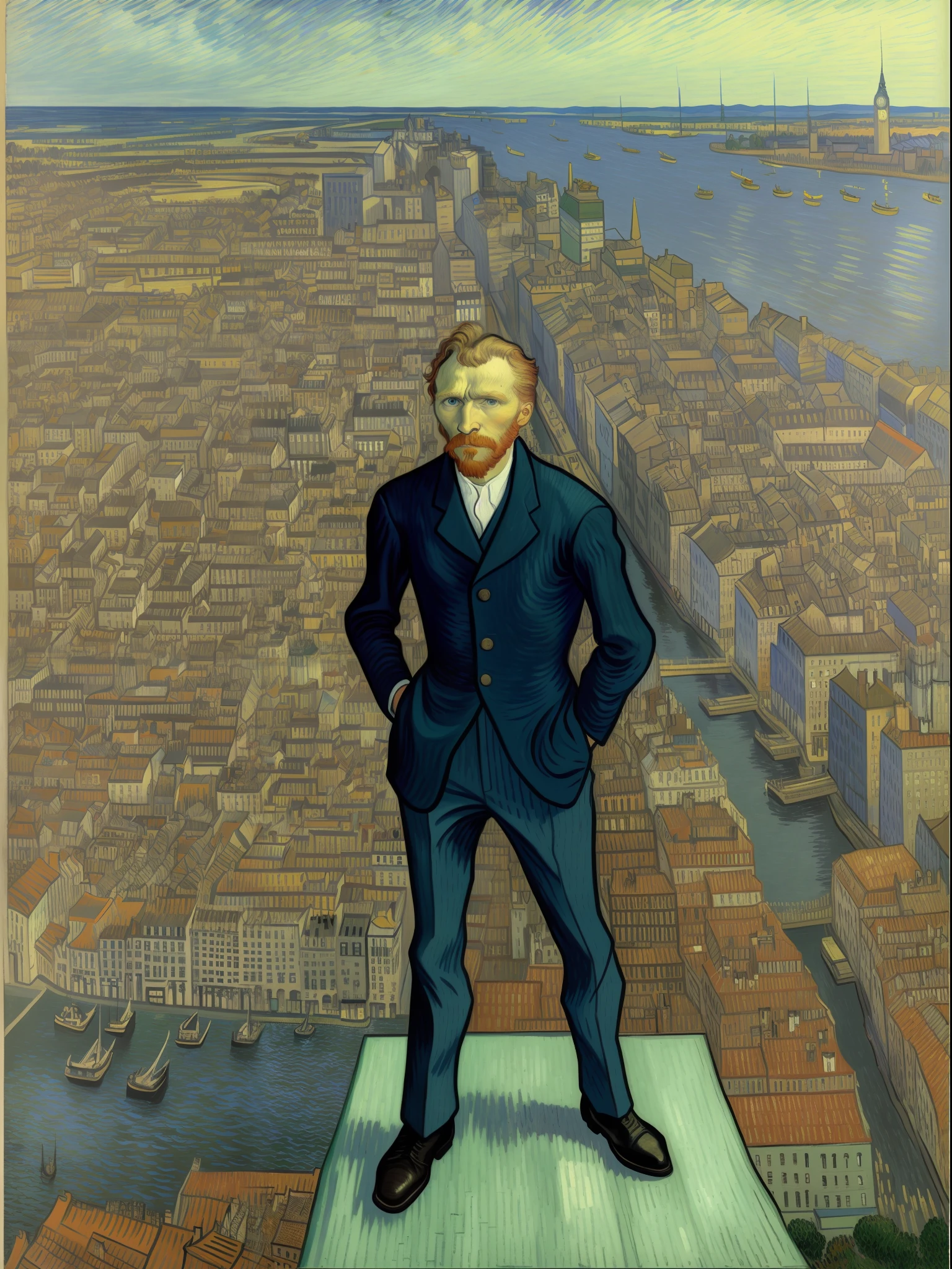 City view stretched out before Vincent van Gogh as he stands on a high rooftop, taking in the metropolis below.