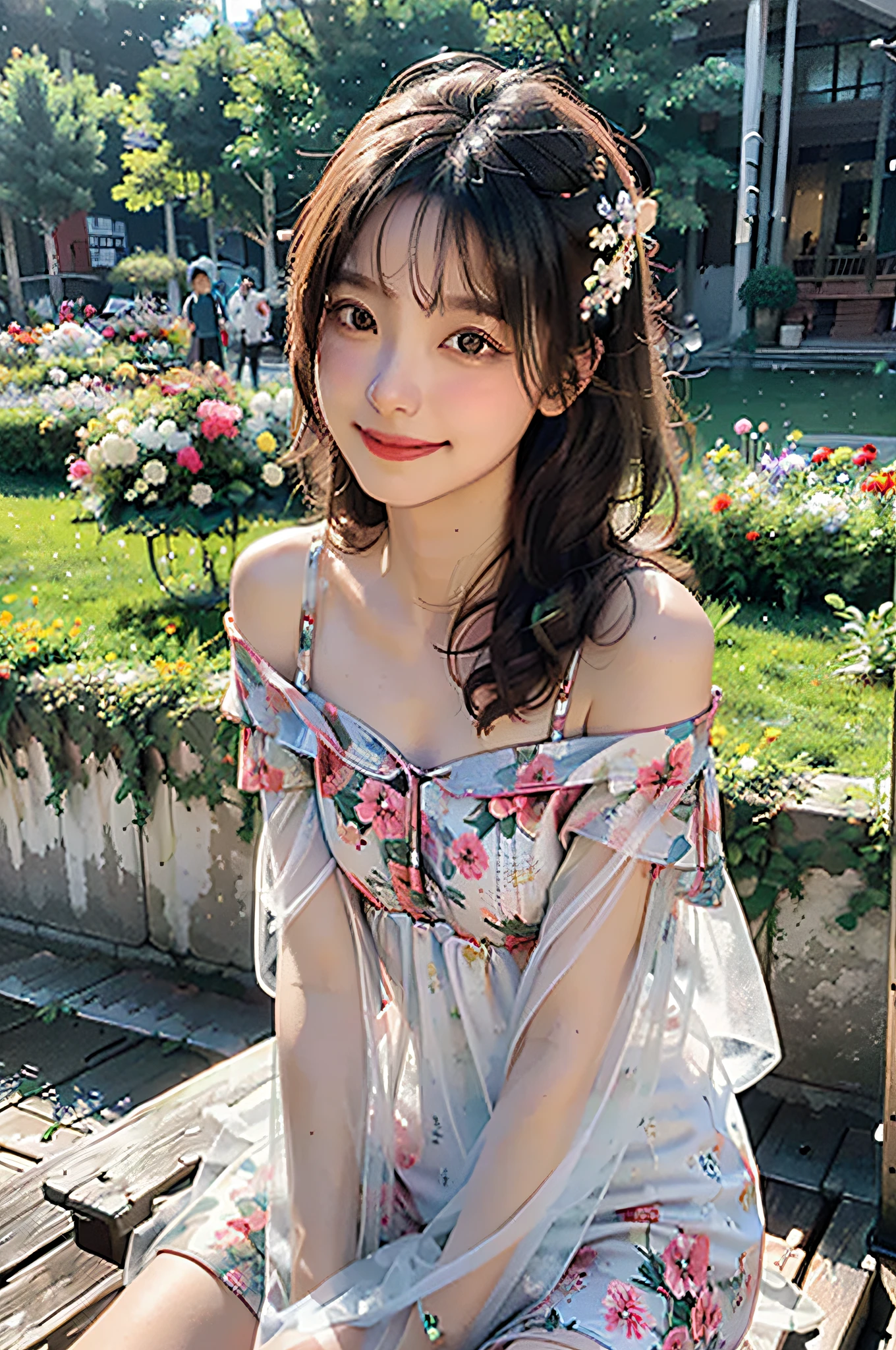 Best quality, masterpiece, ultra high res, (photorealistic:1.4), raw photo, 1girl, white dress, off shoulder, blossom flower field, glowing skin, light smile