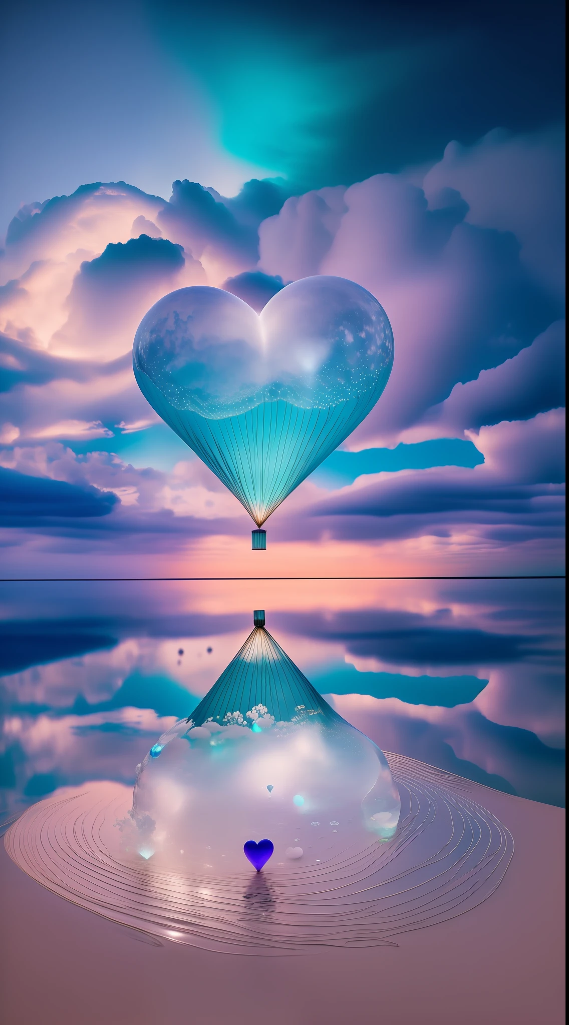 Enter a world of ethereal beauty as you see a captivating photo capturing the delicate charm of a small heart-shaped bioluminescent balloon elegantly floating above the clouds. This extraordinary image shows the perfect composition, carefully crafted to create a visually stunning work of art. Every intricate detail of the balloons is displayed with extraordinary clarity, highlighting their luminous and captivating forms. The composition follows the principle of symmetrical proportions, which enhances the overall aesthetic appeal. A true testament to creativity and imagination, this artwork captivates the viewer with its ethereal and serene atmosphere. This photo captures the fascinating place flawlessly -