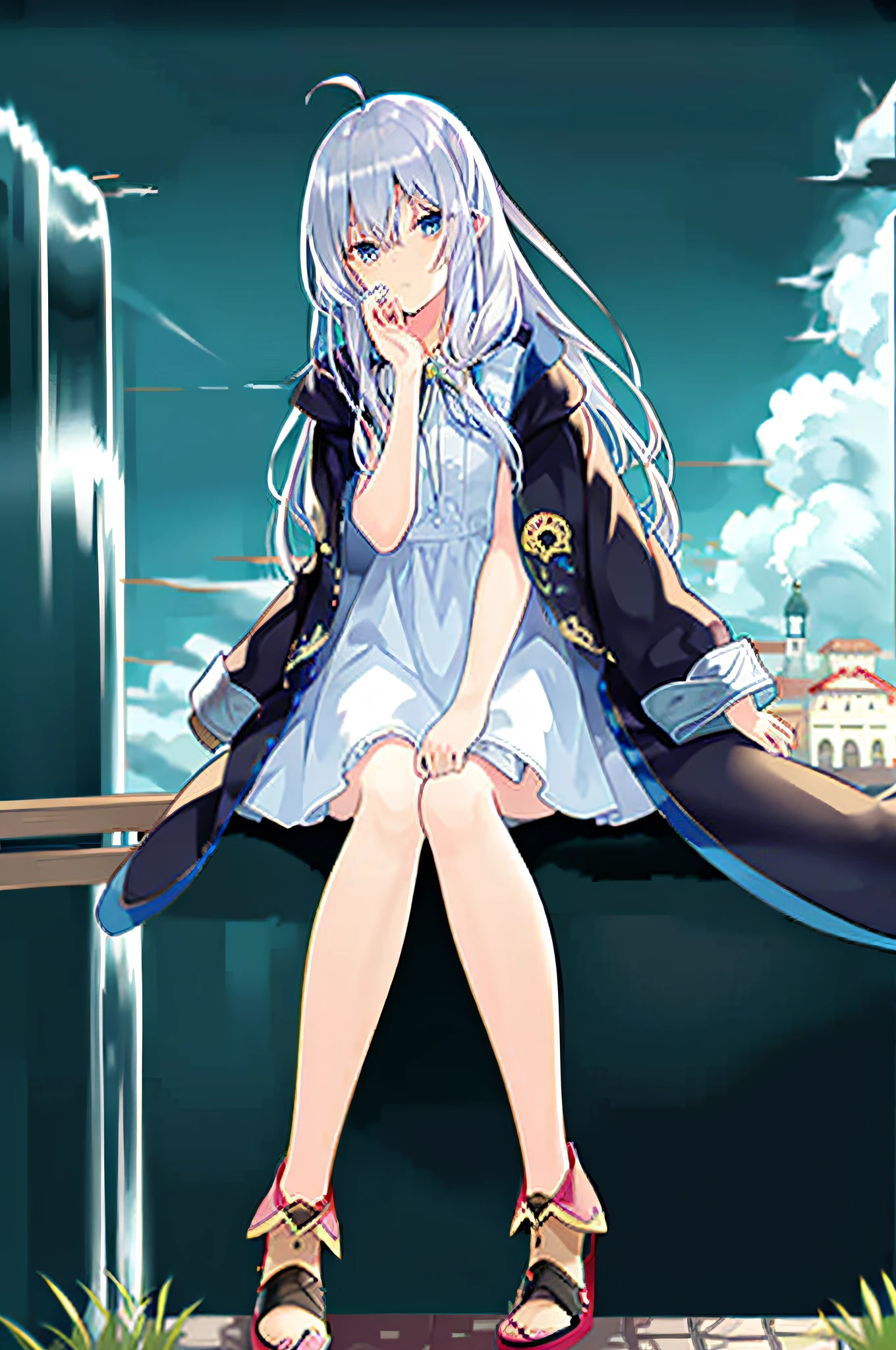 anime girl sitting on a bench with a city in the background, best anime 4k konachan wallpaper, anime style 4 k, guweiz, artwork in the style of guweiz, cute anime waifu in a nice dress, beautiful anime girl, guweiz on pixiv artstation, guweiz on artstation pixiv, 4k anime wallpaper