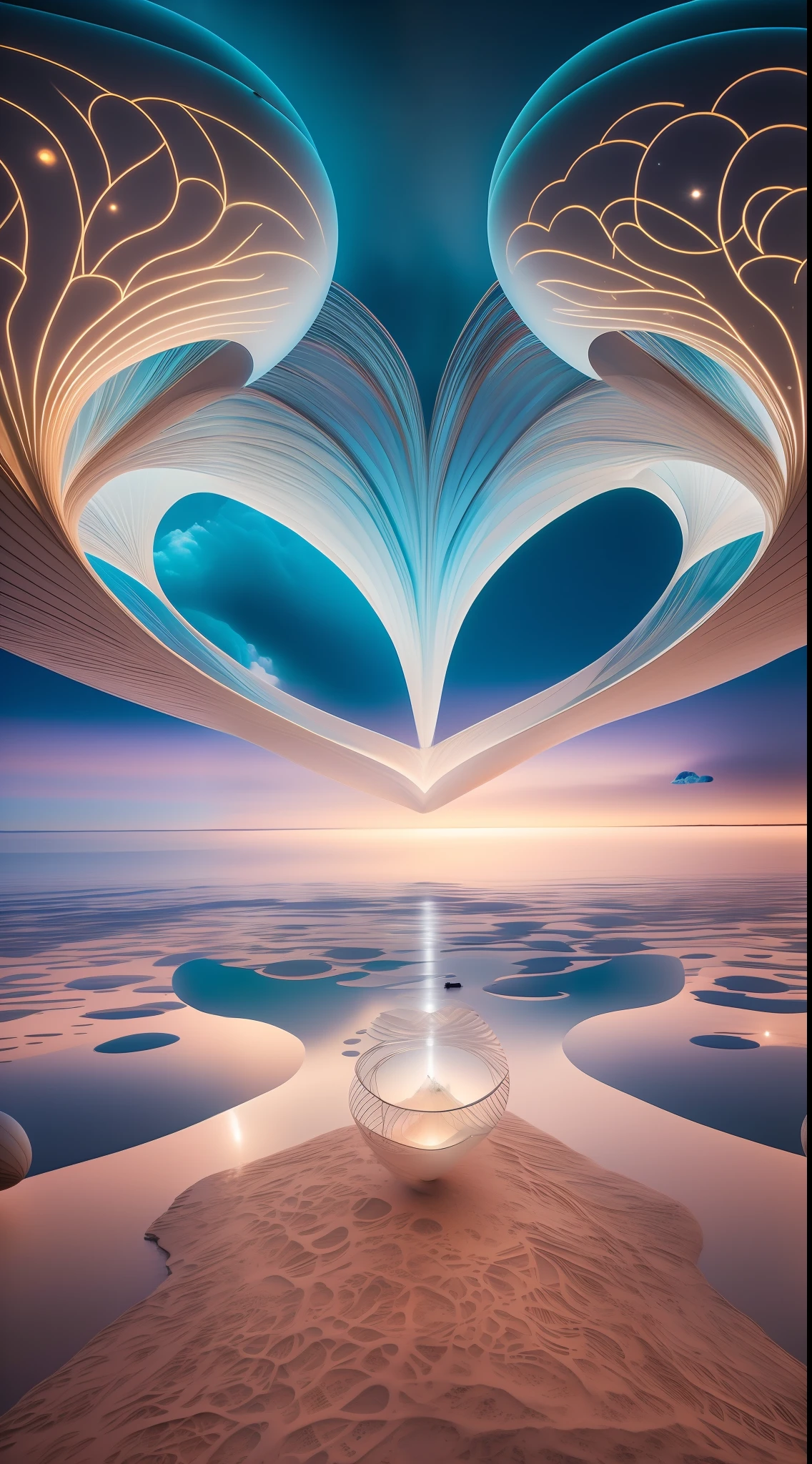 Enter a world of ethereal beauty as you see a captivating photo capturing the delicate charm of a small heart-shaped bioluminescent balloon elegantly floating above the clouds. This extraordinary image shows the perfect composition, carefully crafted to create a visually stunning work of art. Every intricate detail of the balloons is displayed with extraordinary clarity, highlighting their luminous and captivating forms. The composition follows the principle of symmetrical proportions, which enhances the overall aesthetic appeal. A true testament to creativity and imagination, this artwork captivates the viewer with its ethereal and serene atmosphere. This photo captures the fascinating place flawlessly -