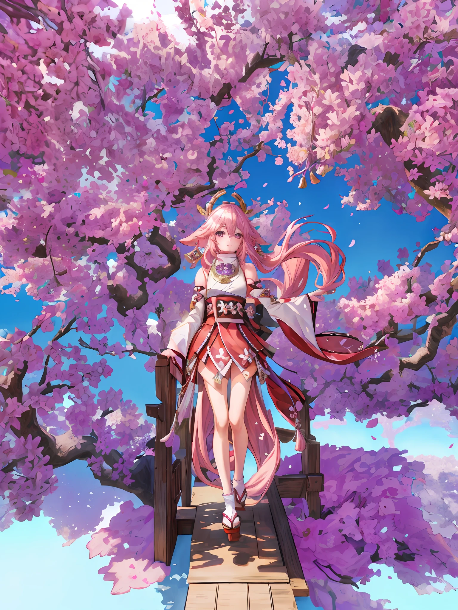 best quality, masterpiece, highres, 1girl,female,solo, mature female,yae miko, 1girl, \n/, animal ears, bare shoulders, blush, breasts, cherry blossoms, closed mouth, detached sleeves, earrings, flower, fox ears, gem, hair between eyes, hair ornament, japanese clothes, jewelry, kimono, long hair, medium breasts, miko, nontraditional miko, pink eyes, pink flower, pink hair, purple gemstone, short kimono, sidelocks, smile, solo, upper body, white kimono, ((masterpiece)), ((fullbody)), standing on a roof of the japanese temple, sakura trees around