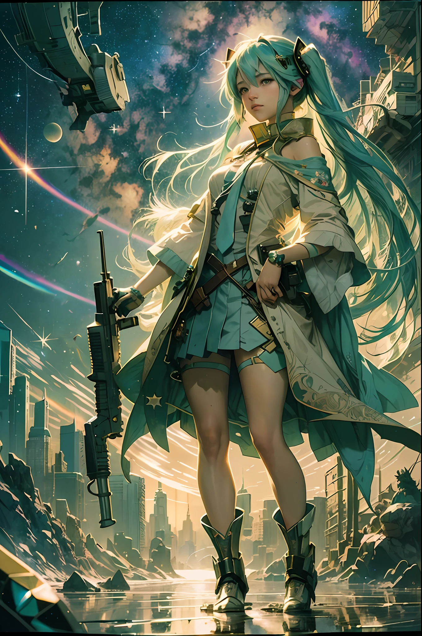 highest quality, best image quality, concept art, beautiful girl, holding a handgun, full body, wilderness, night, starry sky, alphonse mucha, hatsune miku, dream, rainbow, hope, dynamic composition, looking far away, colorful