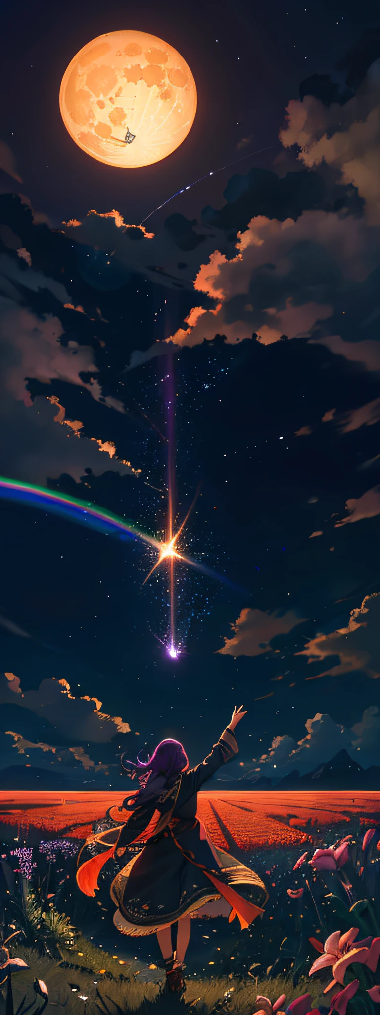 Vast landscape photo, (viewed from below, the sky is above and the open field is below), a girl standing on a flower field looking up, (full moon: 1.2), (meteor: 0.9), (nebula: 1.3), distant mountains , Trees BREAK Crafting Art, (Warm Light: 1.2), (Fireflies: 1.2), Lights, Lots of Purple and Orange, Intricate Details, Volumetric Lighting, Realism BREAK (Masterpiece: 1.2), (Best Quality), 4k, Ultra-Detailed, (Dynamic Composition: 1.4), Very Detailed, Colorful Details, (Rainbow Colors: 1.2), (Glow Lighting, Atmospheric Lighting), Dreamy, Magical, (Solo: 1.2)