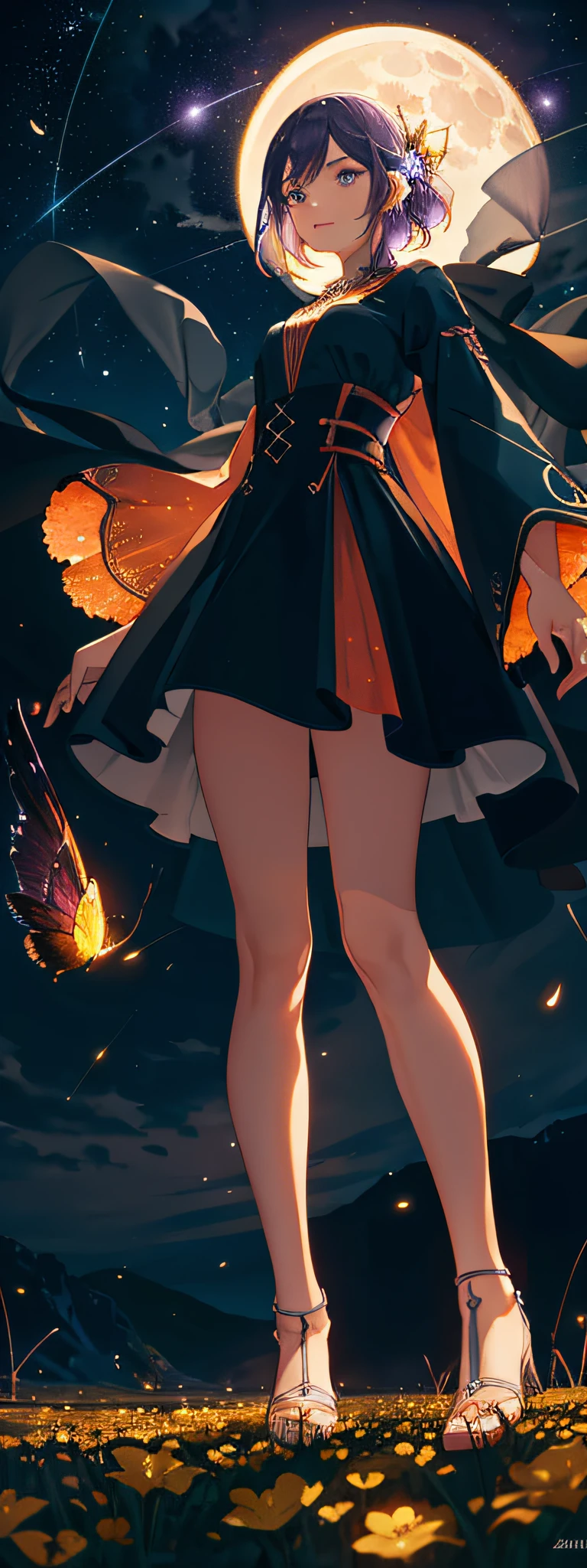 Vast landscape photo, (viewed from below, the sky is above and the open field is below), a girl standing on a flower field looking up, (full moon: 1.2), (meteor: 0.9), (nebula: 1.3), distant mountains , Trees BREAK Crafting Art, (Warm Light: 1.2), (Fireflies: 1.2), Lights, Lots of Purple and Orange, Intricate Details, Volumetric Lighting, Realism BREAK (Masterpiece: 1.2), (Best Quality), 4k, Ultra-Detailed, (Dynamic Composition: 1.4), Very Detailed, Colorful Details, (Rainbow Colors: 1.2), (Glow Lighting, Atmospheric Lighting), Dreamy, Magical, (Solo: 1.2)