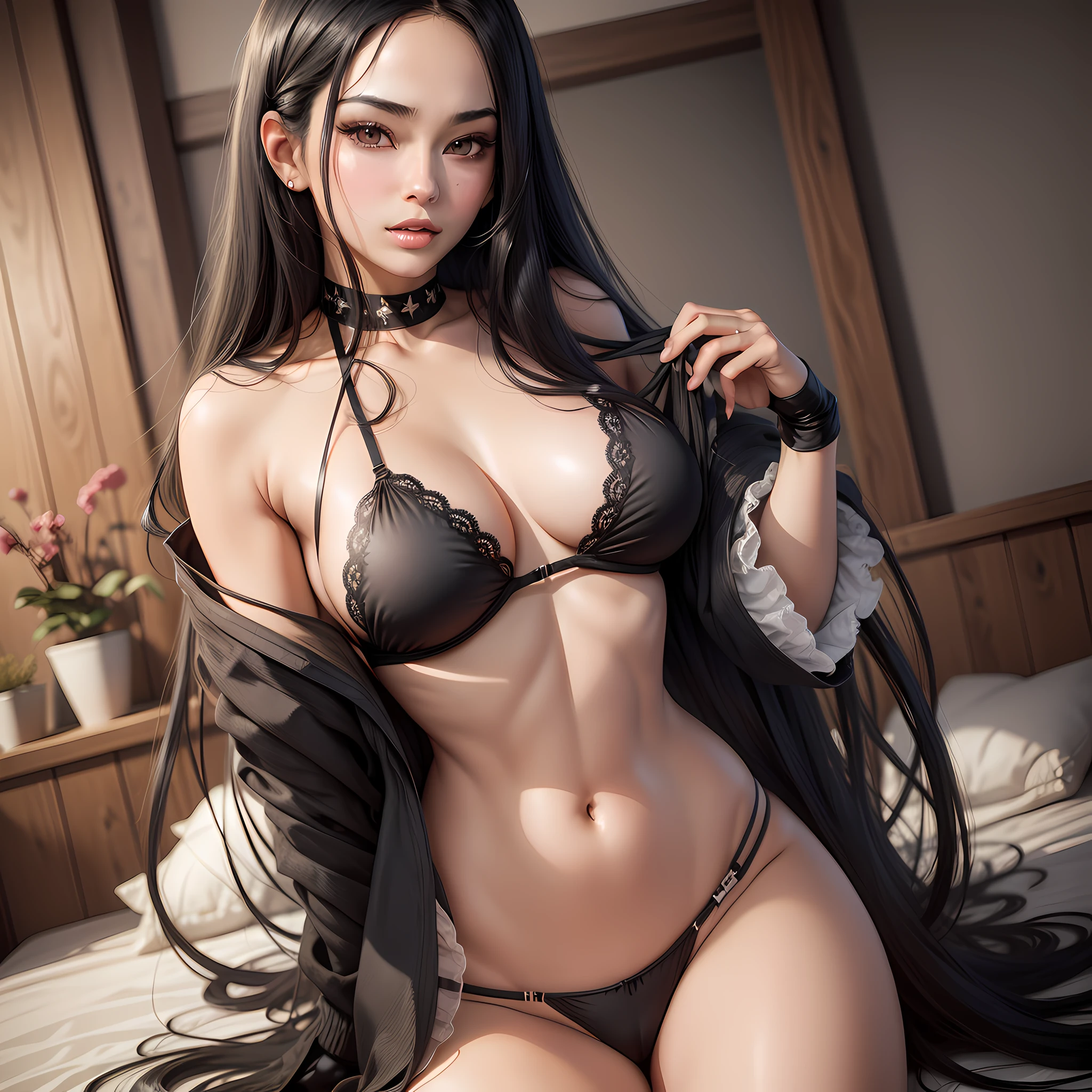 Long black hair, (RAW photo, photorealistic), (high quality, high resolution, depth of field, young black-haired beauty), lower half bra, ultra micro bikini, soft looking big, good style, slender figure, tips of clearly visible, body line is very sexy, crotch wide open, sticking out, skin is very exposed, The tips of the are clearly visible, the areola is visible, the pubic area is clearly visible, the crotch is wide open, in black underwear, on the bed