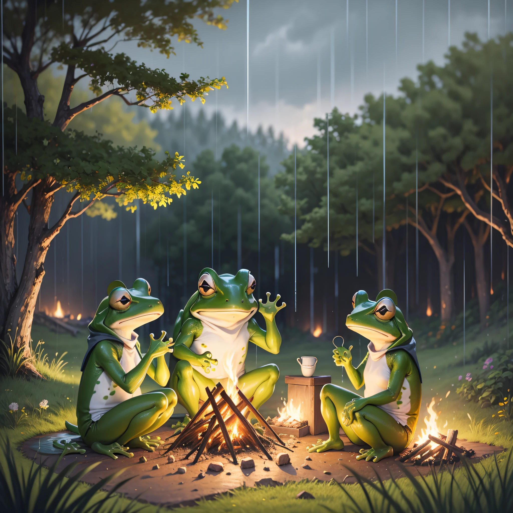Landscape of a campsite in the countryside Rain Frogs watching a bonfire --auto --s2