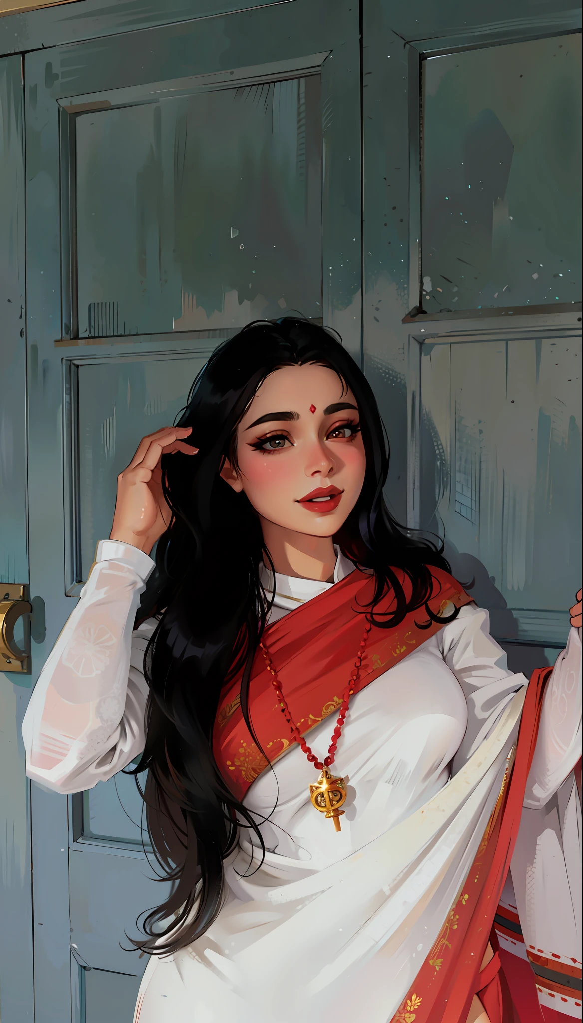 (masterpiece),(best quality:1.0), (ultra highres:1.0), detailed illustration, 8k, anime, 1girl, beautiful anime girl, wearing a white and red saree, beautiful saree, intricate details, black eyes, detailed eyes, black hair, detailed hair detailed, highlights on hair, smiling, matte red lipstick, red lips, anime style, best quality, detailed