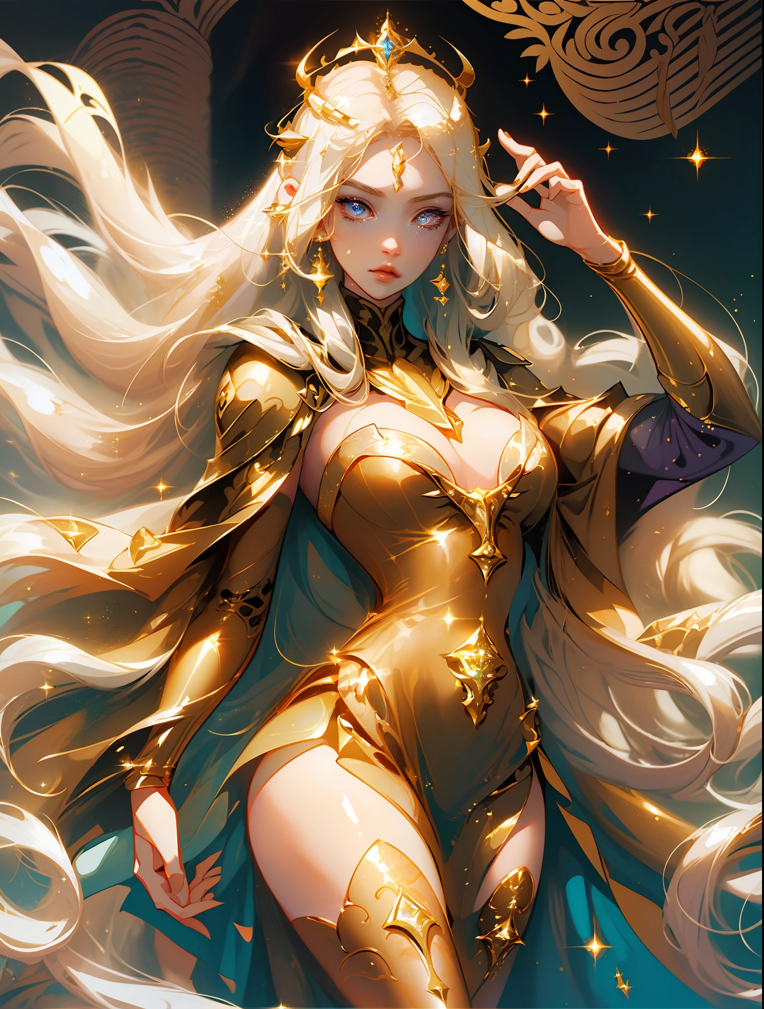 a close up of a woman with long blonde hair and a gold dress, gold ethereal light, glowing magical shiny skin, the sailor galaxia. beautiful, glowing golden aura, ((a beautiful fantasy empress)), golden aura, glittering and soft, golden glistening, golden shining eyes, ethereal beauty, ethereal!!! ultra realistic, ethereal anime, glistening gold