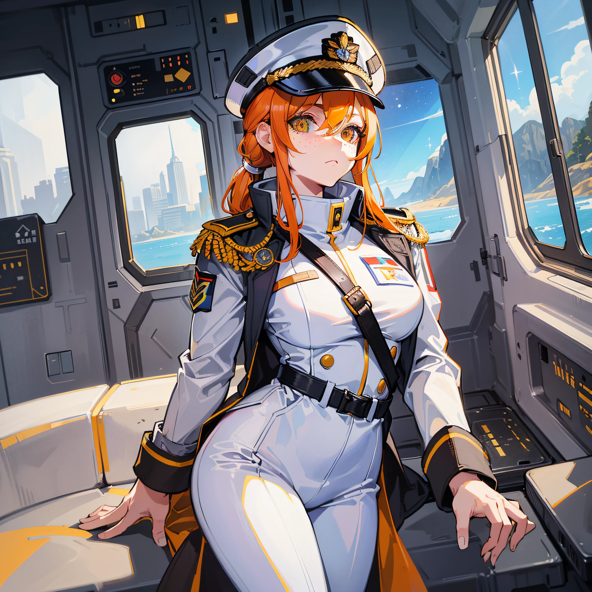 ((Masterpiece)), ((Highest Image Quality)), ((Best Quality)), (Illustration of One Girl), Full Body, 25 Years Old, Neutral, ((Freckles))), Orange Hair Ponytail, Yellow Eyes, (Tall Body)), Big, (Muscular Strong Body)), ((Muscular Strong Body)), (Military Uniform)), (Military Hat)), ((Army Coat)), (White Clothes), (White Pants), (White Hat), Trench Coat, ((Inside the Spacecraft)), (Outside the Window, Space, Earth as seen from space, Spaceport)