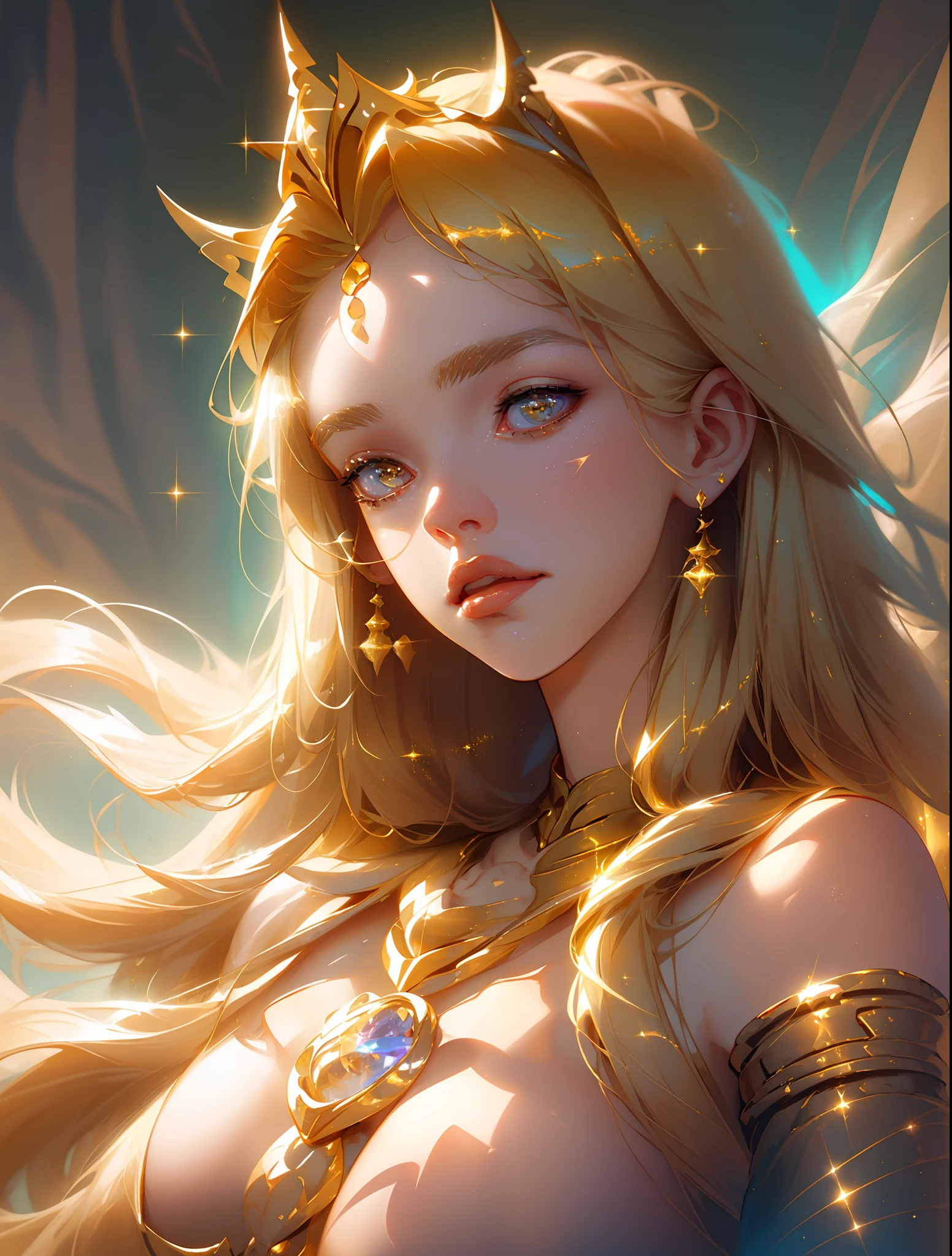 a close up of a woman with long blonde hair and a gold dress, gold ethereal light, glowing magical shiny skin, the sailor galaxia. beautiful, glowing golden aura, ((a beautiful fantasy empress)), golden aura, glittering and soft, golden glistening, golden shining eyes, ethereal beauty, ethereal!!! ultra realistic, ethereal anime, glistening gold