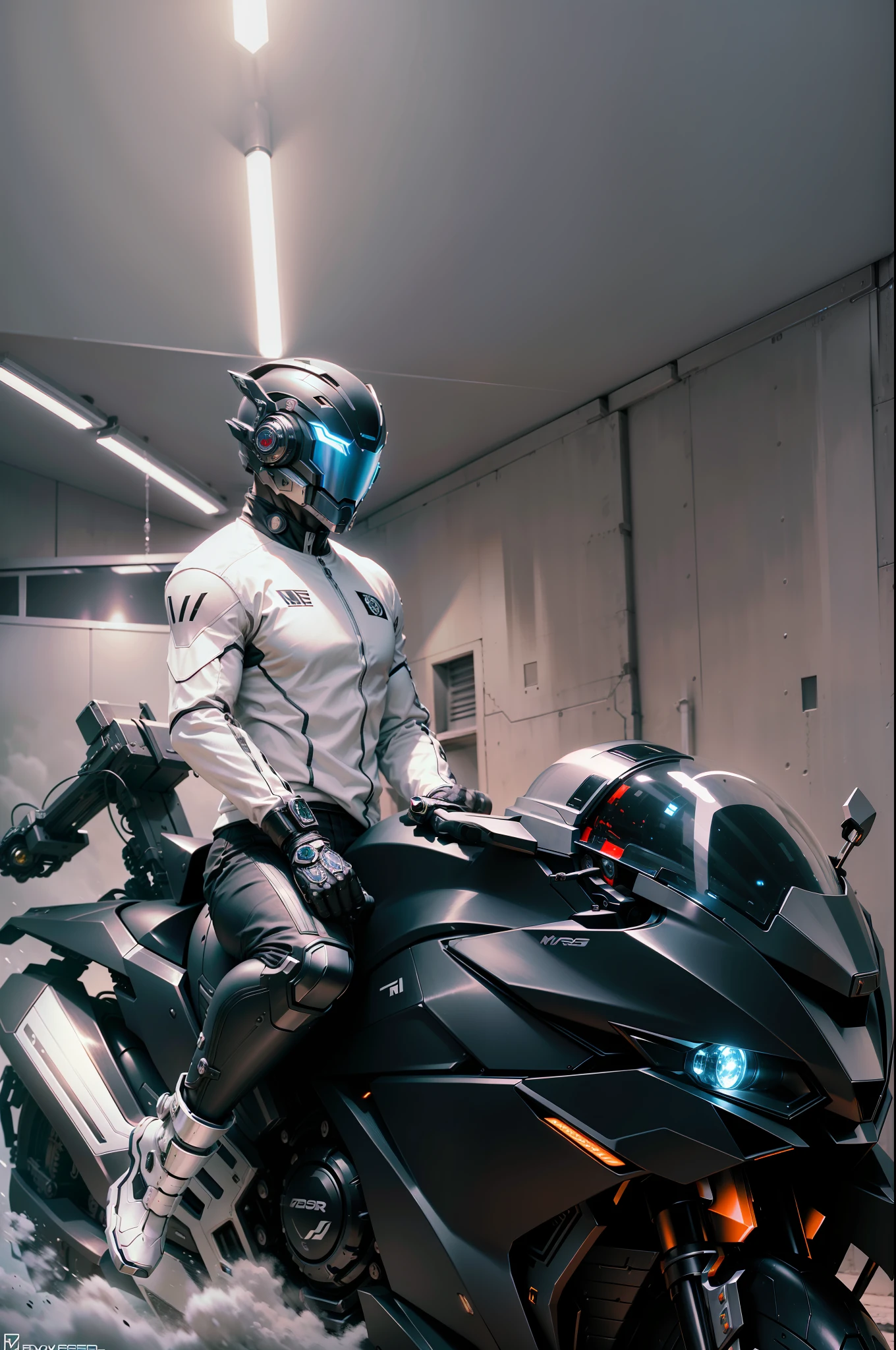 Cyber Man Warrior and Cyber Mechanical Motorcycle, Full Body Exquisite High-Tech Armor, Exquisite Black Tech Helmet, Nousr, Biomechanics, MSHN Robot Man, High-Tech Helmet, Surreal, Steel, Intricate Design, Crazy Details, Fine Details, Extremely Clear Lines, Cinematic Lighting, Photo Realistic, Detailed Masterpiece