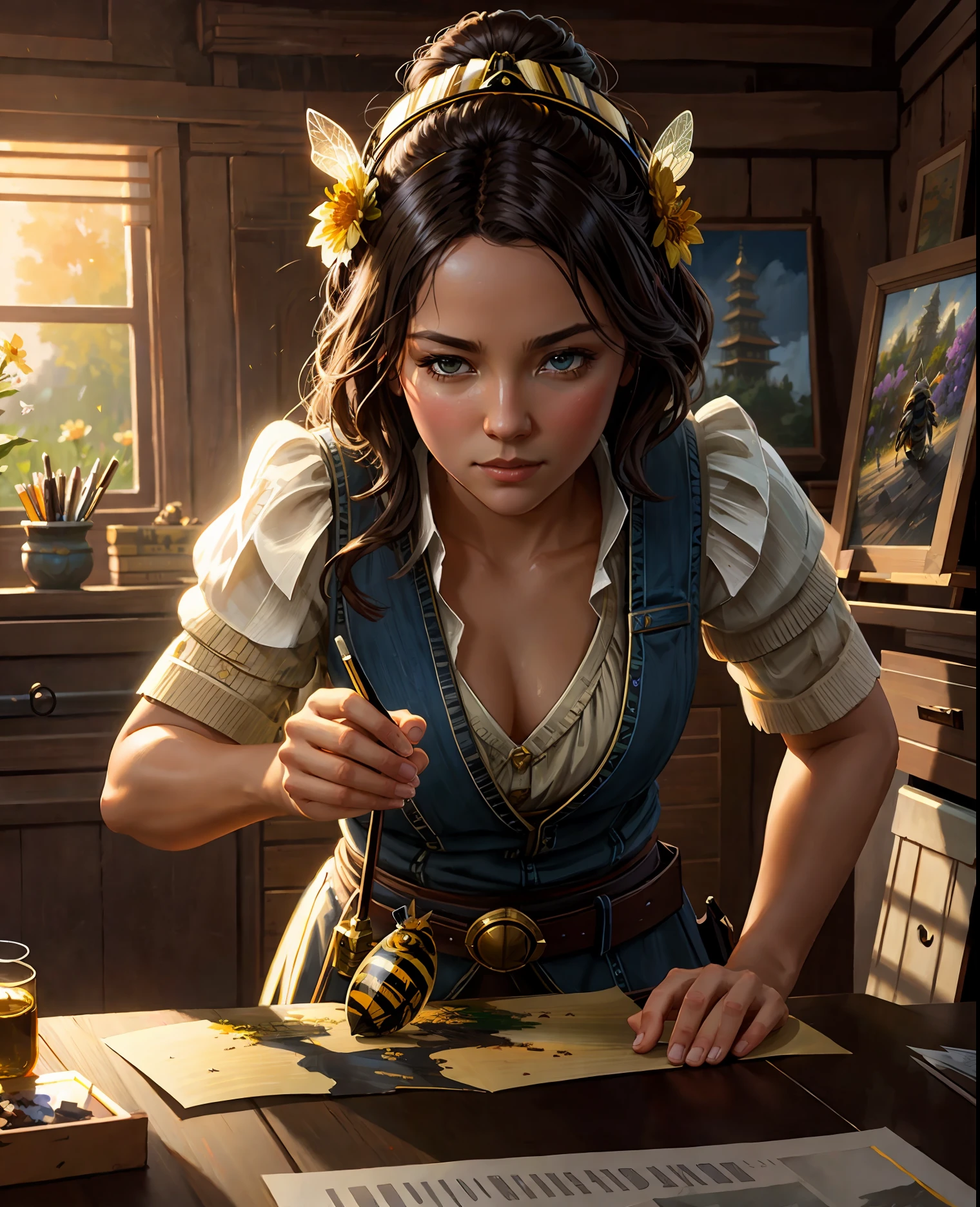 praise bee, holy bee, a bee glowing with holiness,
modelshoot style, (extremely detailed CG unity 8k wallpaper), photo of the most beautiful artwork in the world, professional majestic oil painting by Ed Blinkey, Atey Ghailan, Studio Ghibli, by Jeremy Mann, Greg Manchess, Antonio Moro, trending on ArtStation, trending on CGSociety, Intricate, High Detail, Sharp focus, dramatic, photorealistic painting art by midjourney and greg rutkowski,
