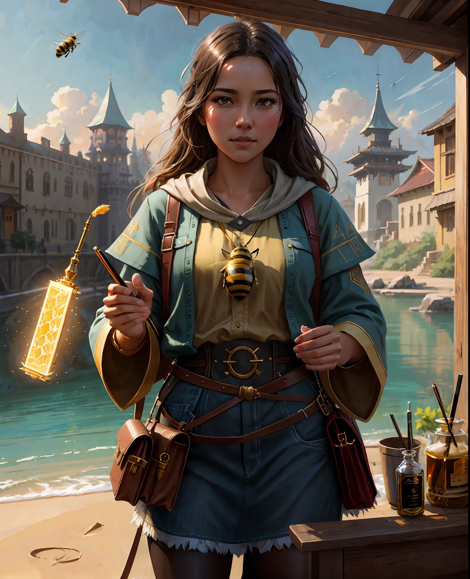 praise bee, holy bee, a bee glowing with holiness,
modelshoot style, (extremely detailed CG unity 8k wallpaper), photo of the most beautiful artwork in the world, professional majestic oil painting by Ed Blinkey, Atey Ghailan, Studio Ghibli, by Jeremy Mann, Greg Manchess, Antonio Moro, trending on ArtStation, trending on CGSociety, Intricate, High Detail, Sharp focus, dramatic, photorealistic painting art by midjourney and greg rutkowski,