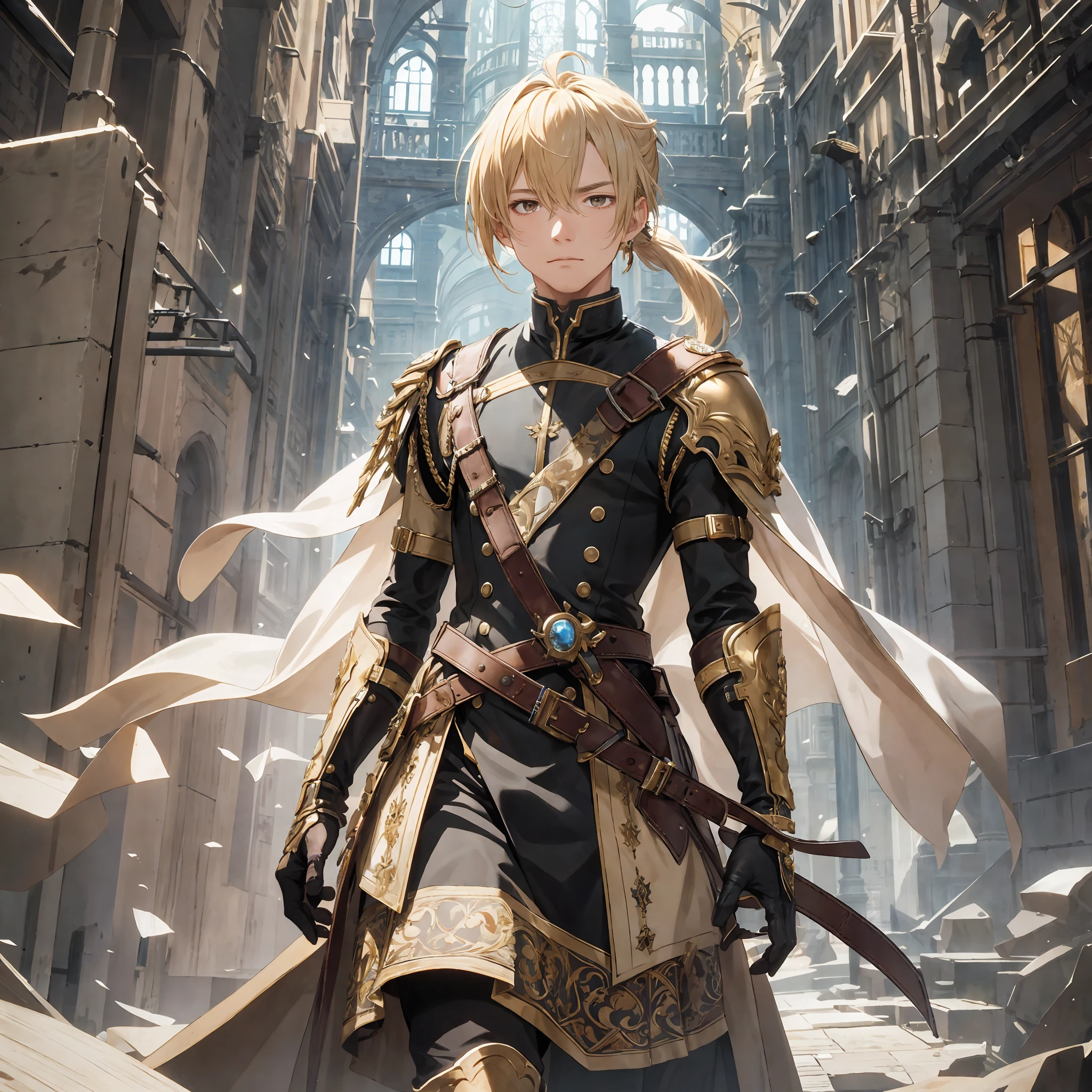 masterpiece, best quality, 1man, adult, male focus, solo, blonde hair, ponytail hair, vibrant brown eyes, looking at viewer, High quality metal texture, closed mouth, bangs, high collar,(kbxll:0.6), Fantasy aesthetics, Highly detailed, shadowverse style, full body, leather coat, cape