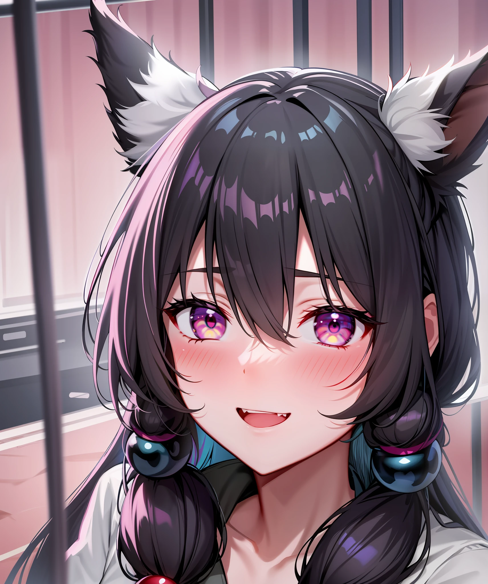black hair, hair bobbles, wince, longeyelashes, solid circle eyes, fake animal ears, light smile, ear blush, fang, multicolored hair, asymmetrical hair, parted bangs, Surrealism, drop shadow, anaglyph, stereogram, tachi-e, pov, atmospheric perspective, feet out of frame, sideways, 35mm, 8k, super detail, ccurate, best quality, UHD