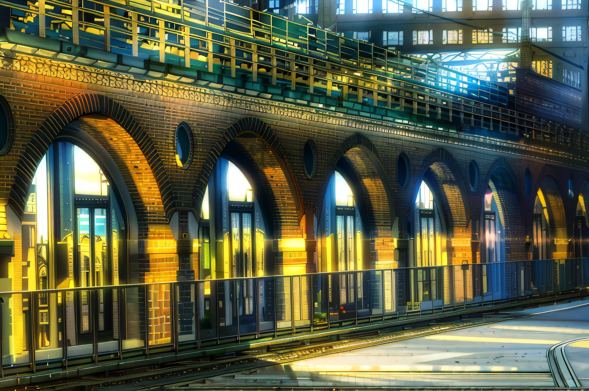 there is a train that is going by a building with arched windows, rows of windows lit internally, steel archways, in style of norman foster, big arches in the back, with archways, herzog de meuron, london, aqueduct and arches, all buildings on bridge, studio ghiblo, alamy stock photo, london architecture