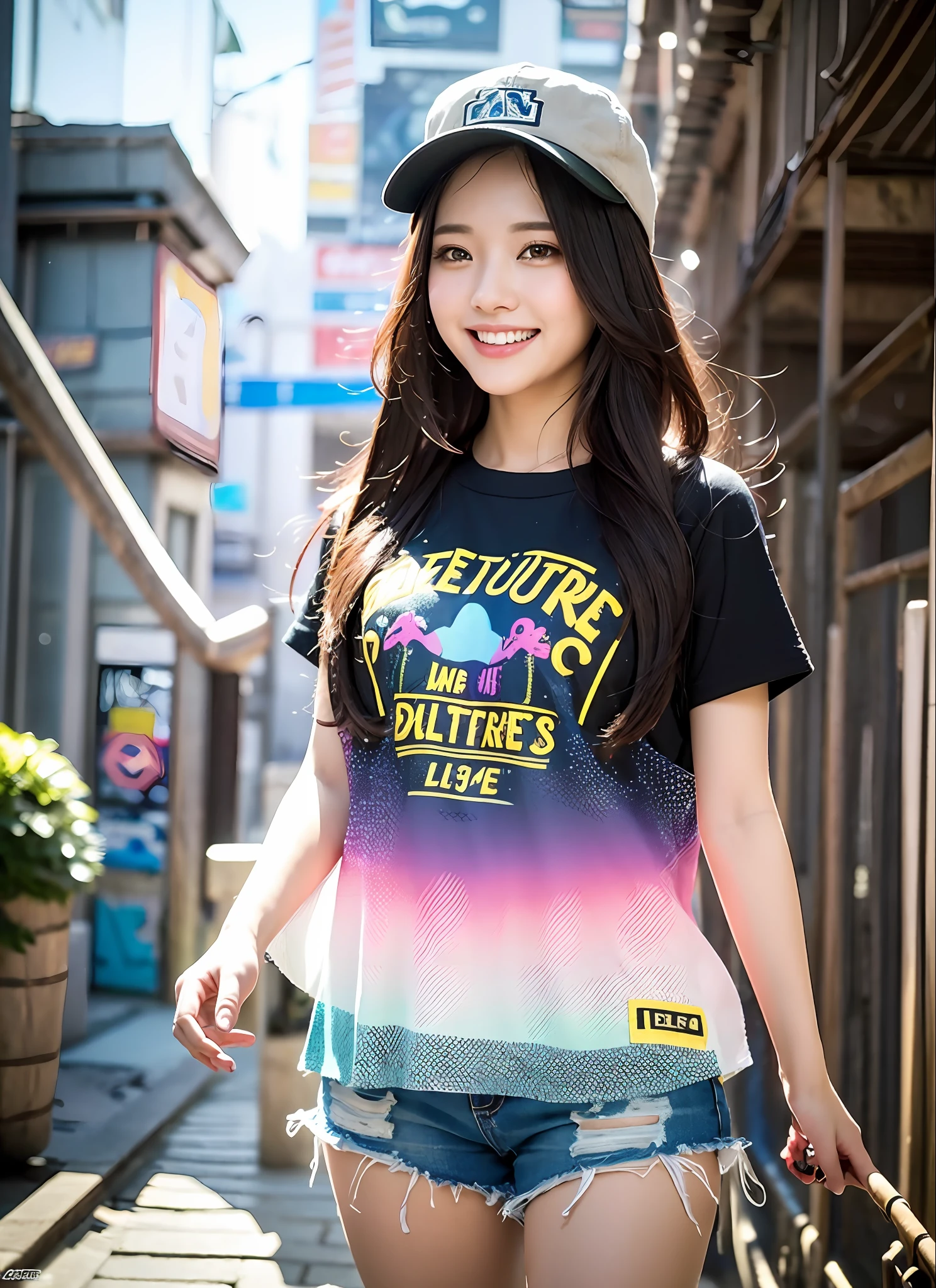 The landscape is a 3D digital space with rough dots. It is surrounded by intricate geometric patterns and luminous structures, full of vivid colors. Standing there is a young woman of about 18 years old. She is dressed in casual summer clothes, wearing shorts and a colorful t-shirt and a cap. Her style is urban yet playful. Her face is smiling brightly, and her eyes are full of adventure and curiosity. She clutches the game controller in her hand, exploring her surroundings as she prepares to start a new adventure in the game world. Reproduce the details in the highest quality and depict her facial expressions and outfits in detail. Enjoy the magical atmosphere of the moment she enters the game world.