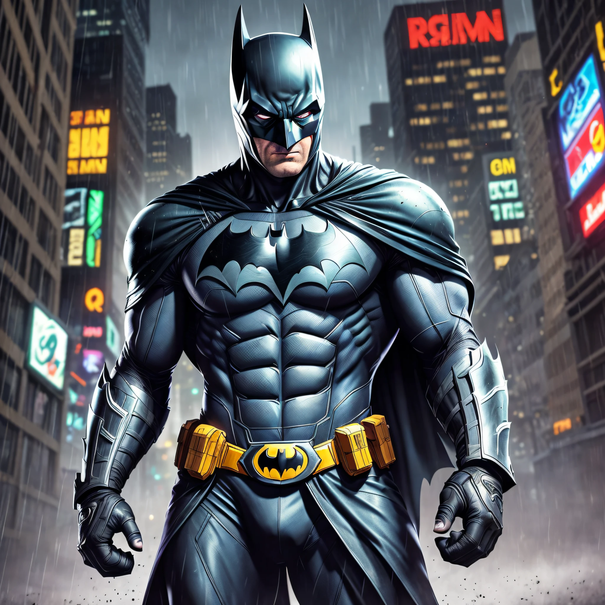 1boy, dark scene, (cowboy shot of batman), athletic, white eyes, no pupils, night city, (mist), particles, light rain, male focus, mask, muscular, muscular male, ragged and torn cape, night, outdoors, rain, serious, dark atmosphere, detailed background, jim lee, ((empty hands)), --auto --s2