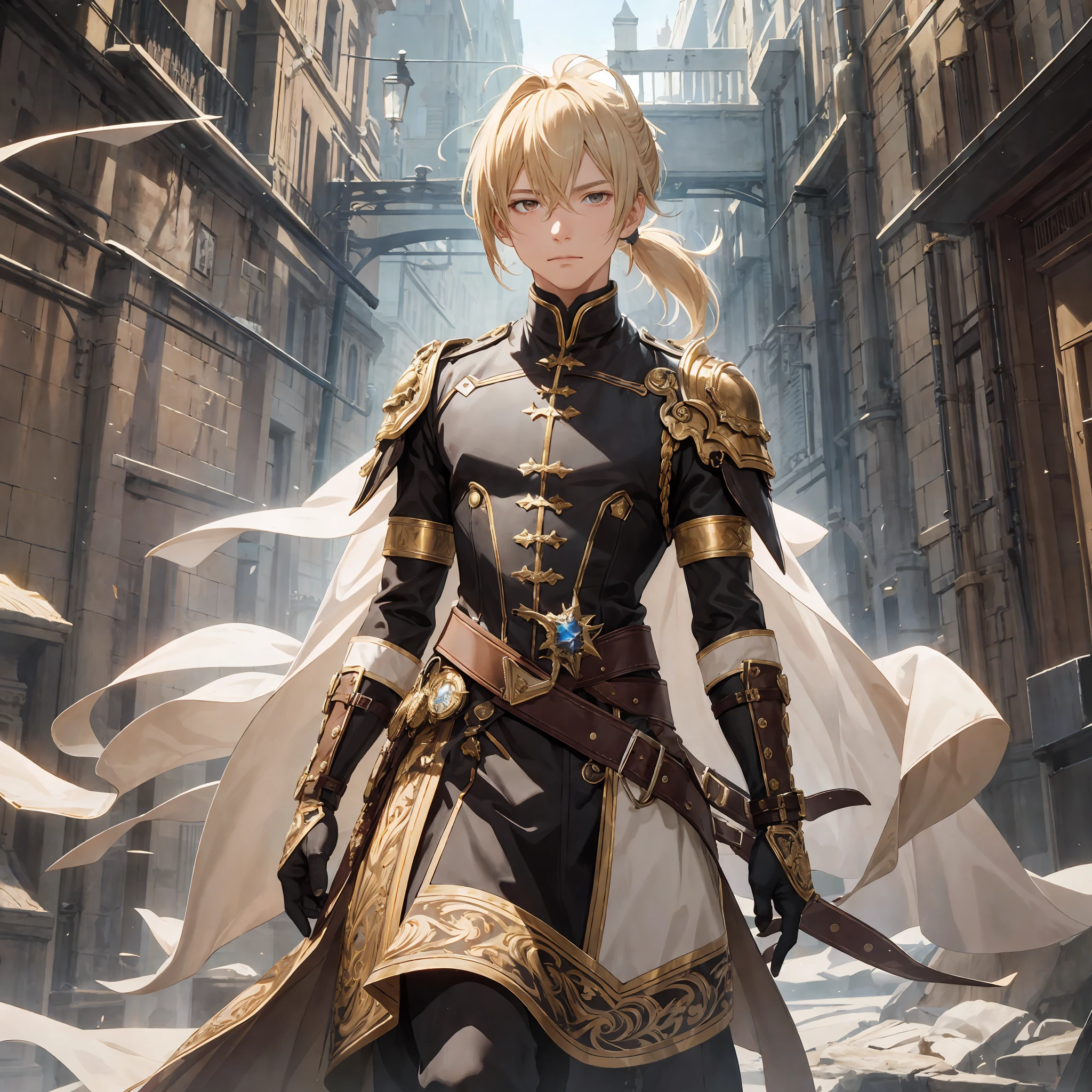 masterpiece, best quality, 1man, adult, male focus, solo, blonde hair, ponytail hair, vibrant brown eyes, looking at viewer, High quality metal texture, closed mouth, bangs, high collar,(kbxll:0.6), Fantasy aesthetics, Highly detailed, shadowverse style, full body, leather coat, cape