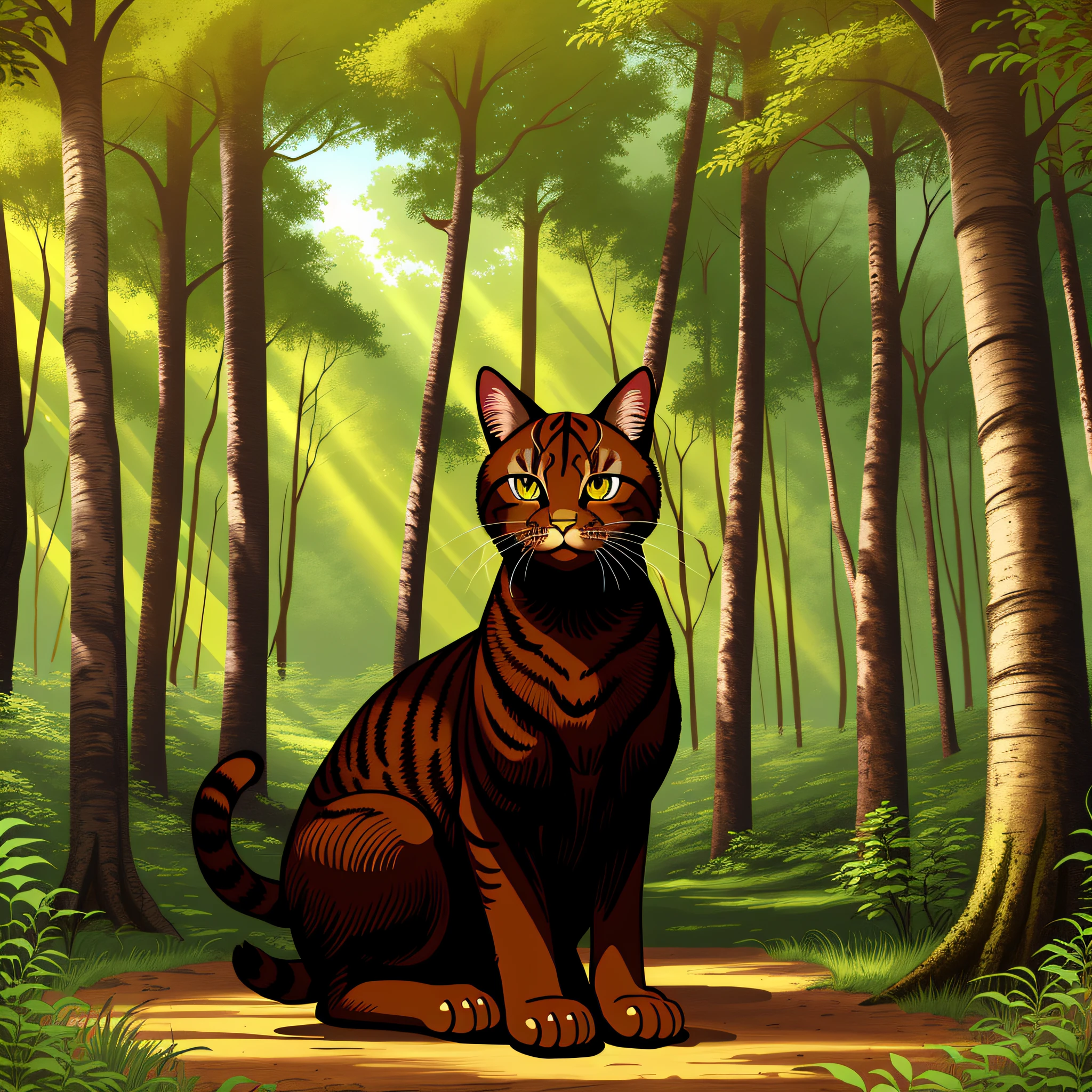 art of a brown cat, inside a forest