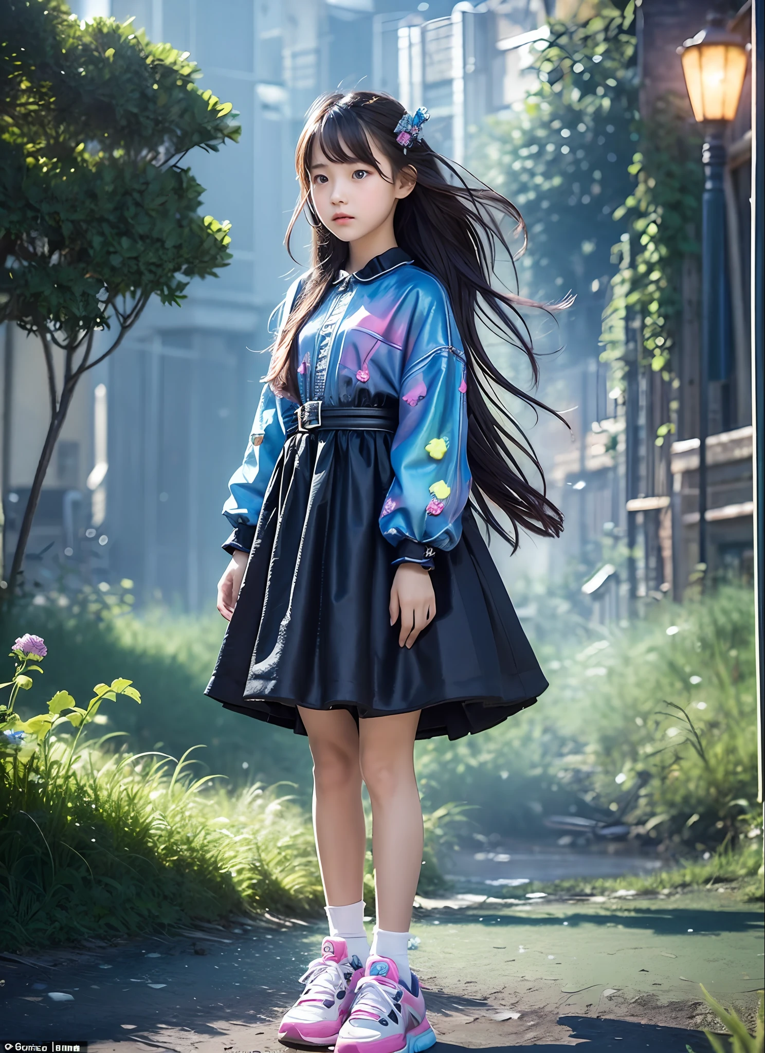 The landscape is a 3D digital space with rough dots. Neon lights sparkle around you, and you can see strange structures and floating islands. In the midst of all this, a very young girl is standing. She wears casual summer clothes, dresses and sneakers in bright shades. Her hair is long and fluttering in the wind. The girl is looking around with a curious expression and seems to be preparing for a new adventure. With details that are exquisitely reproduced down to the smallest detail, please express her expression and even the texture of the fabric of the clothes. Try to depict the mystical atmosphere of the moment when she wanders into the game world in the highest quality.
