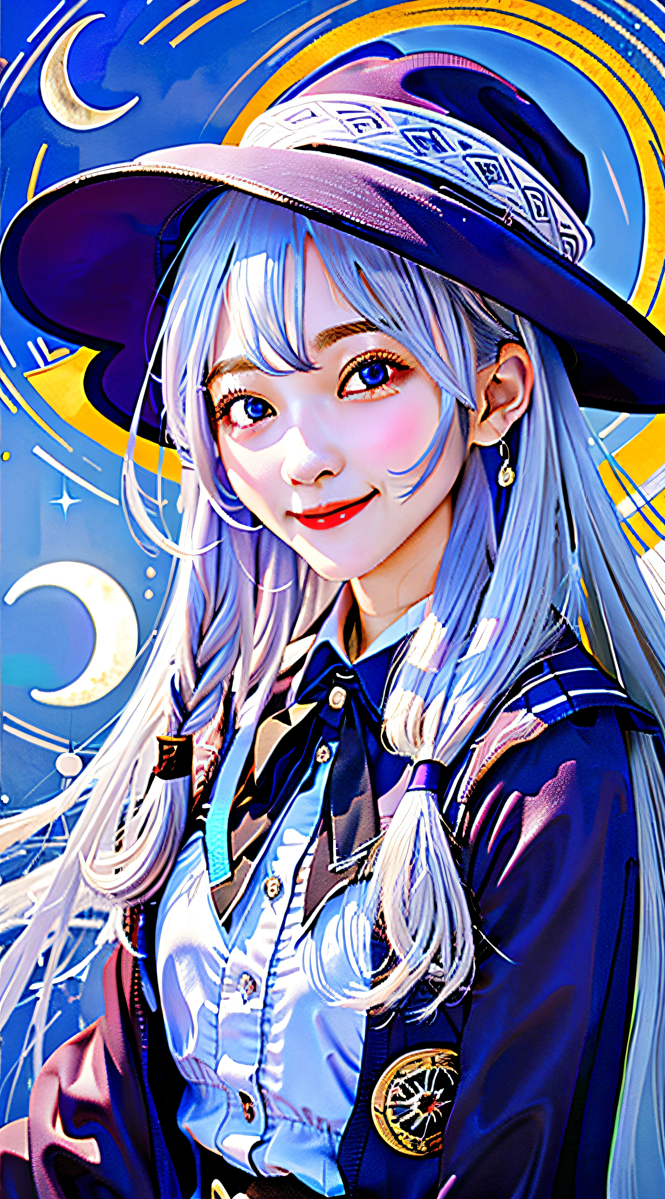 masterpiece, best quality, 1girl, elaina_(majo_no_tabitabi), silver hair, purple eyes, long hair, hat,smile,moon